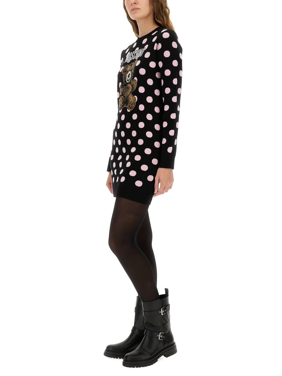 Moschino Long Sleeve Polka Dot Graphic Dress In Black