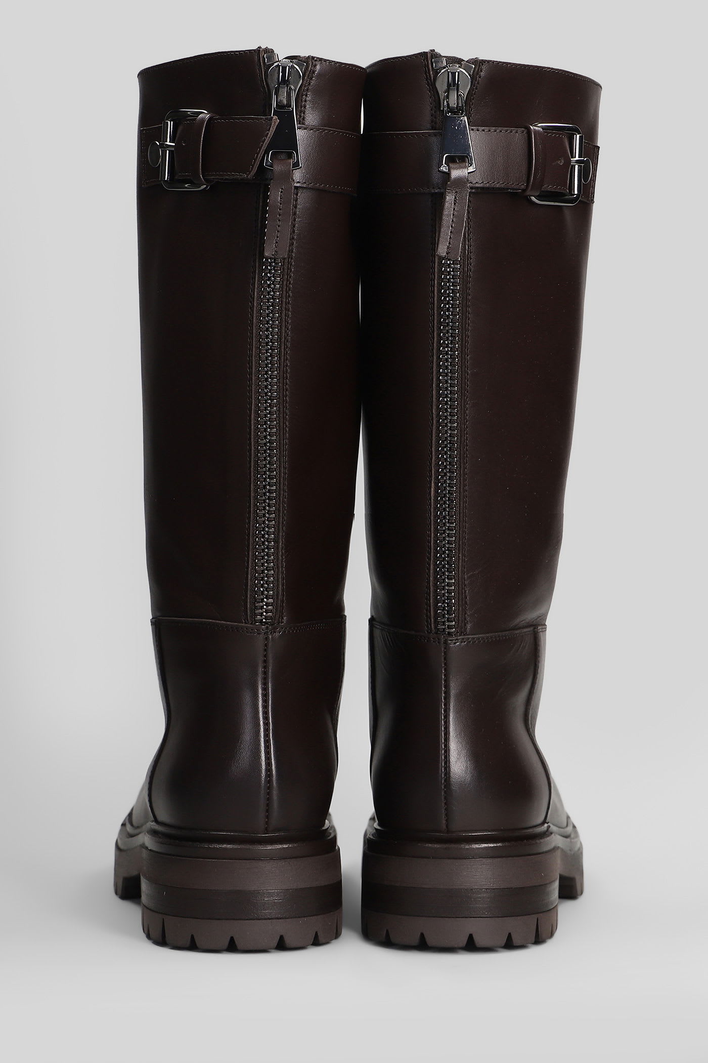 Elena Iachi Low Heels Boots In Dark Brown Leather In Brown