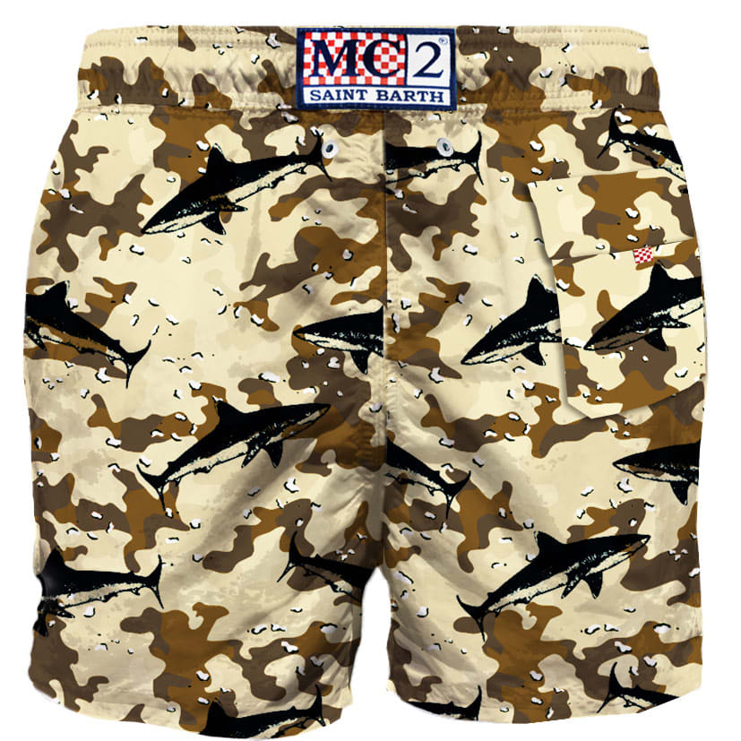 MC2 Saint Barth Flock Fabric Shark On Camouflage Background Swim Shorts