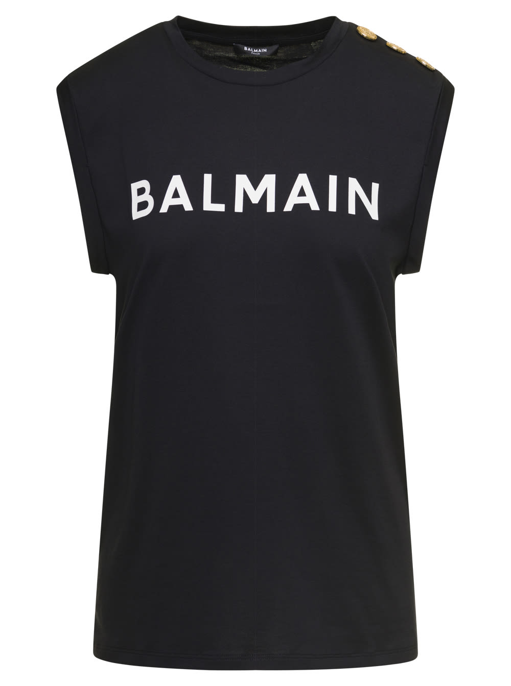 Balmain Black Tank Top With Contrasting Lettering Print And Jewel Buttons In Cotton Donna Balmain