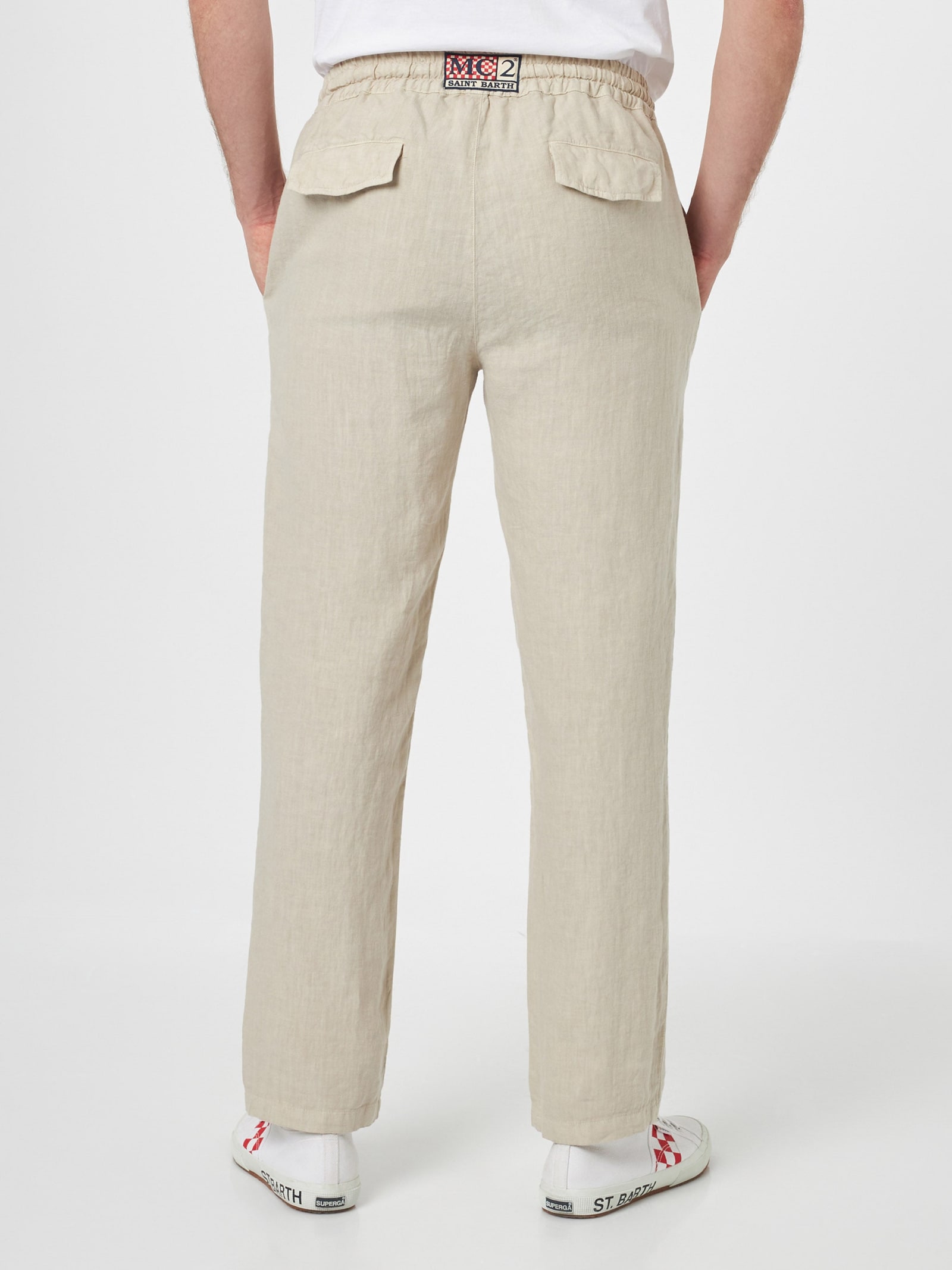 Mc2 Saint Barth Man Off-white Linen Calais Pants With Drawstring In White