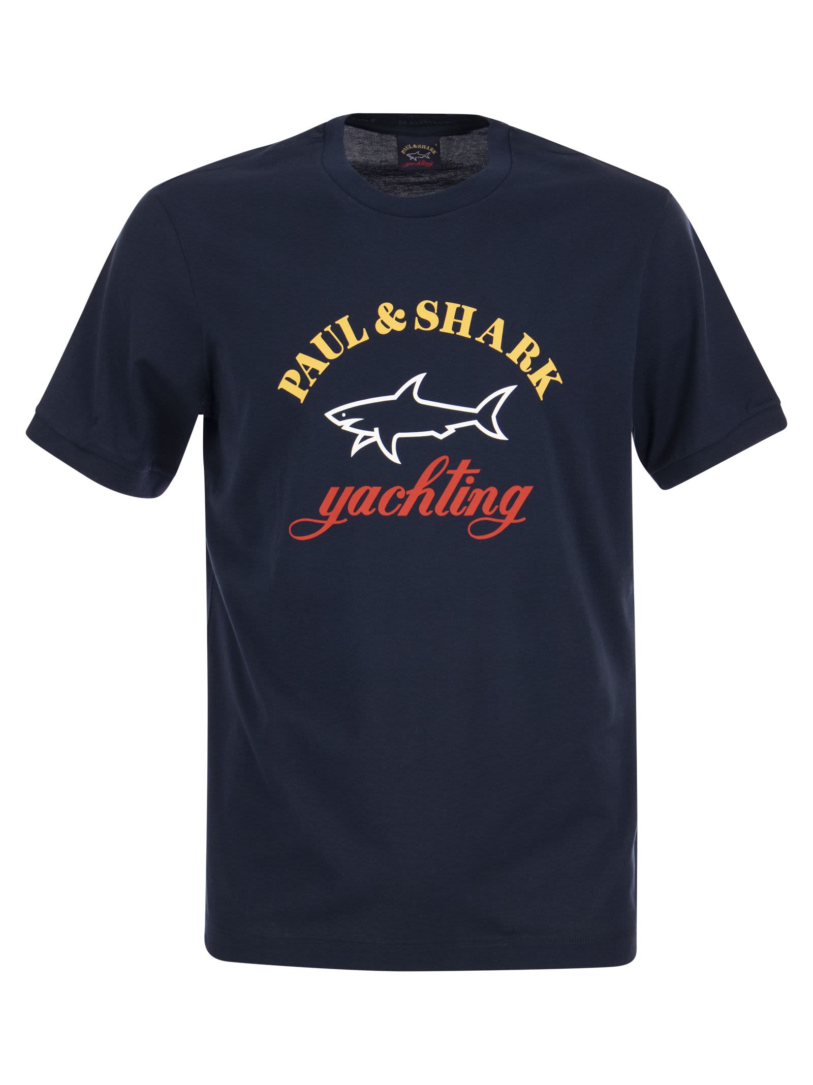 Shop Paul&amp;shark Cotton T-shirt With Printed Logo In Navy