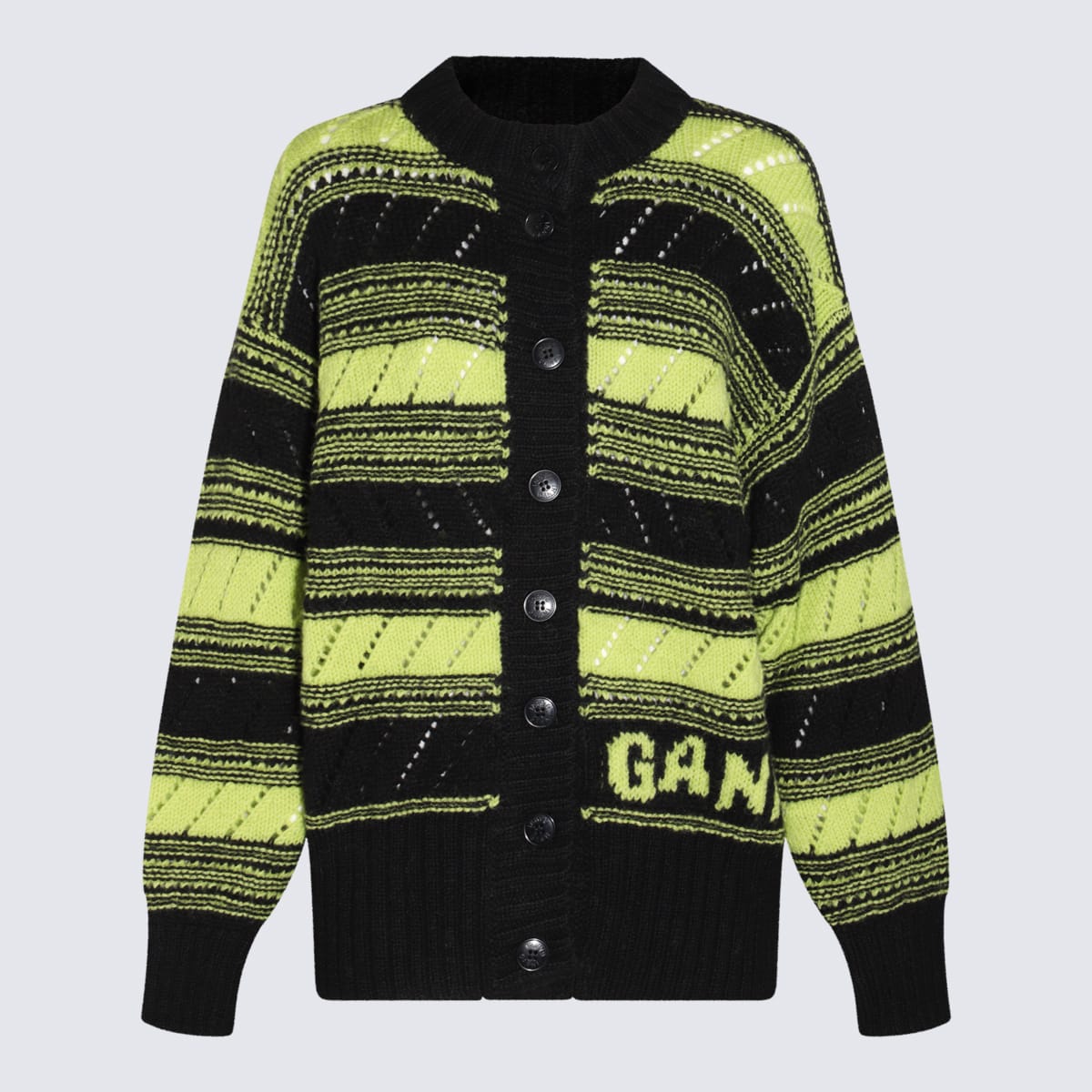 Shop Ganni Black And Lime Green Wool Cardigan