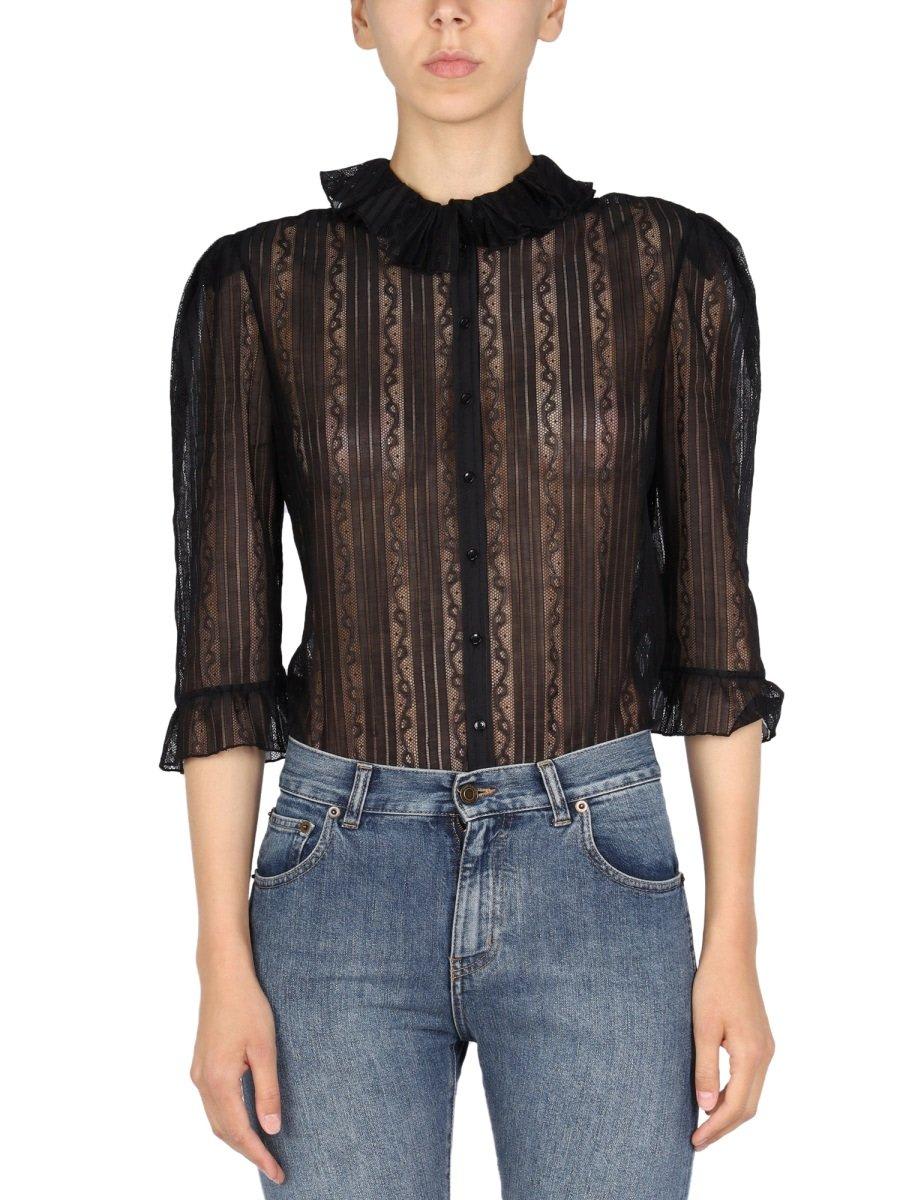 Shop Saint Laurent Ruffled Lace Detailed Blouse In Black