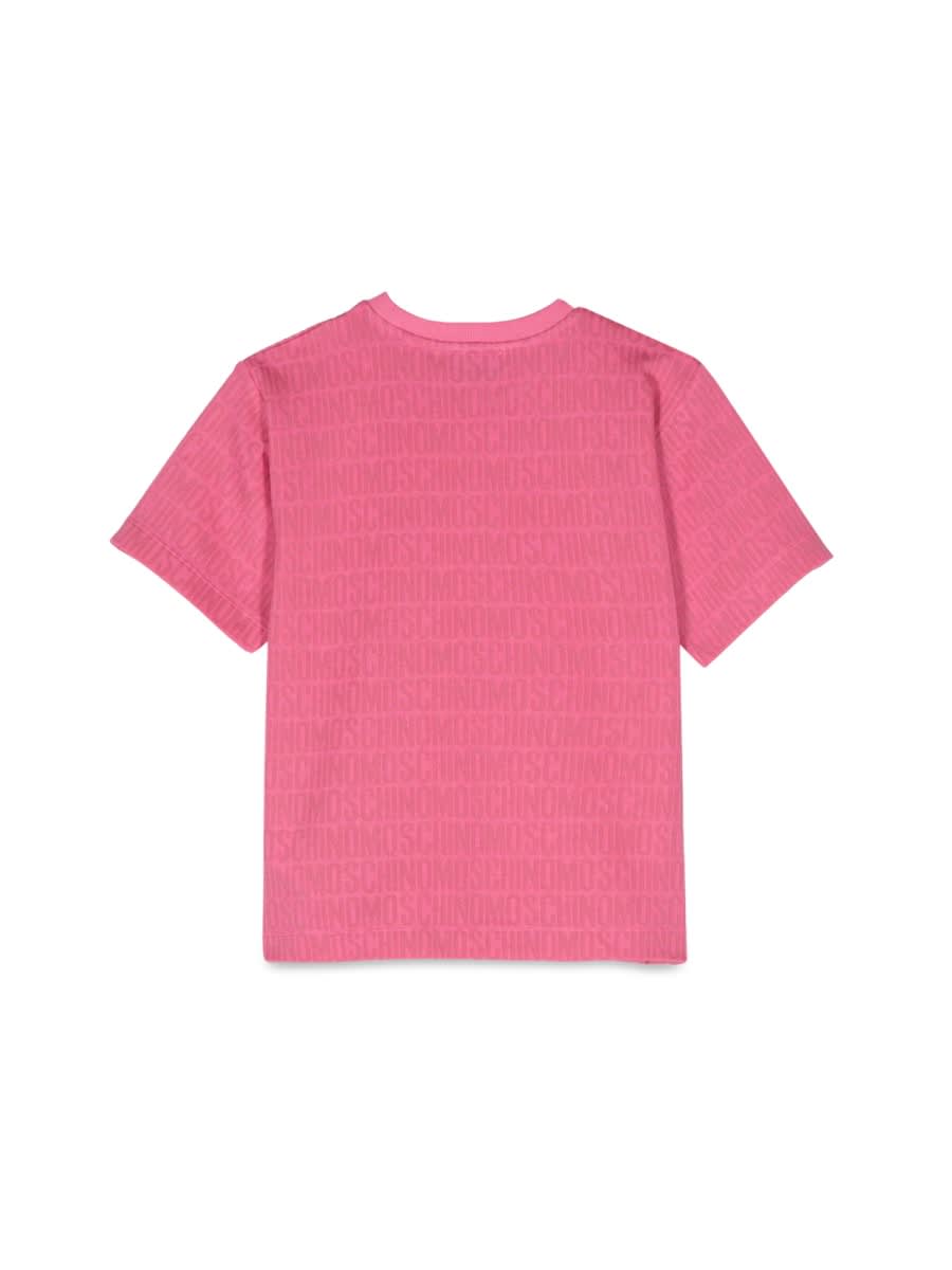 Moschino Pink T-shirt With All-over Logo In Fuchsia