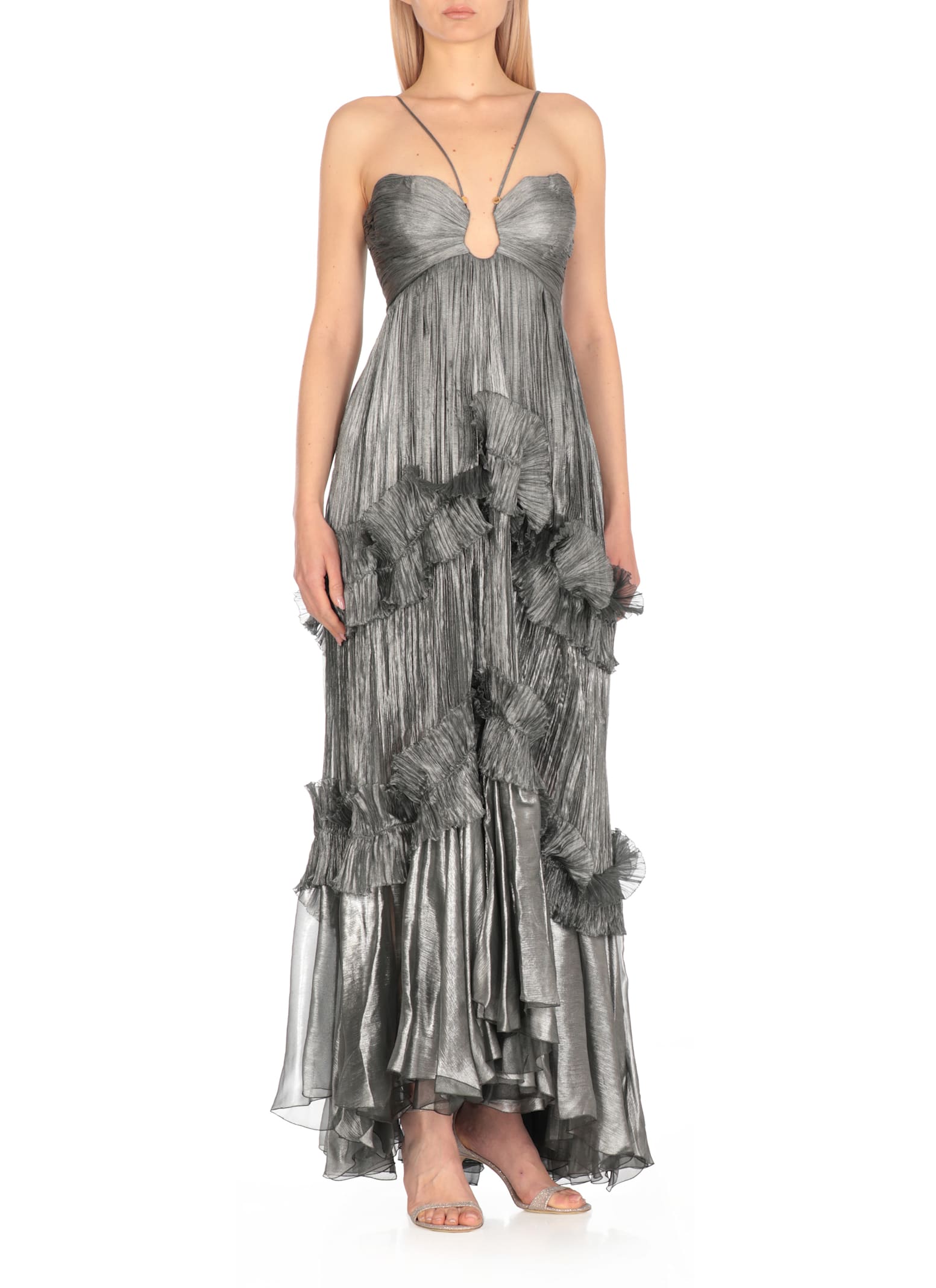 Maria Lucia Hohan Silk Draped Maxi Dress With Ruffle Details In Gray