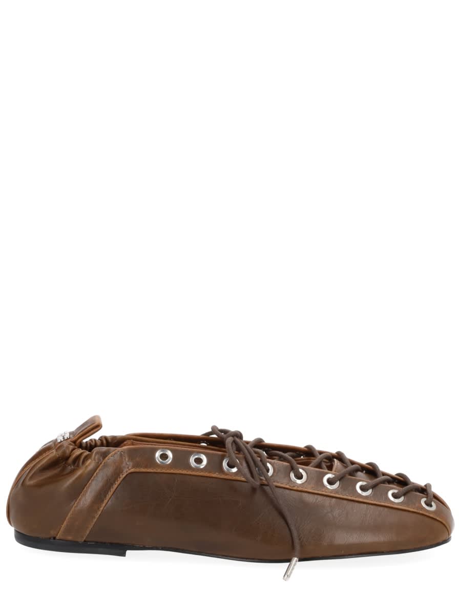 Ganni Khaki Oleatex Lace-up Ballerina Flats In Brown