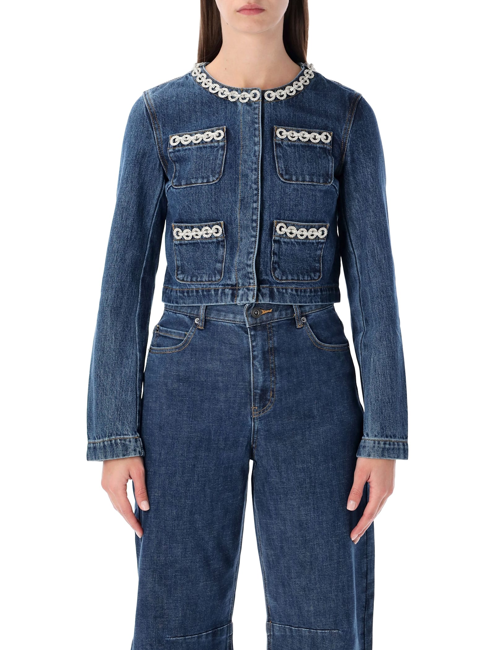 Self-portrait Cropped Denim Jacket With Crystal Chain Trims In Blue