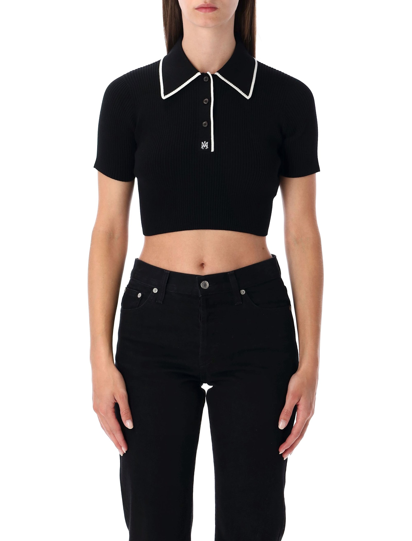 Amiri Cropped Polo Knit Top With Ribbed Texture In Black