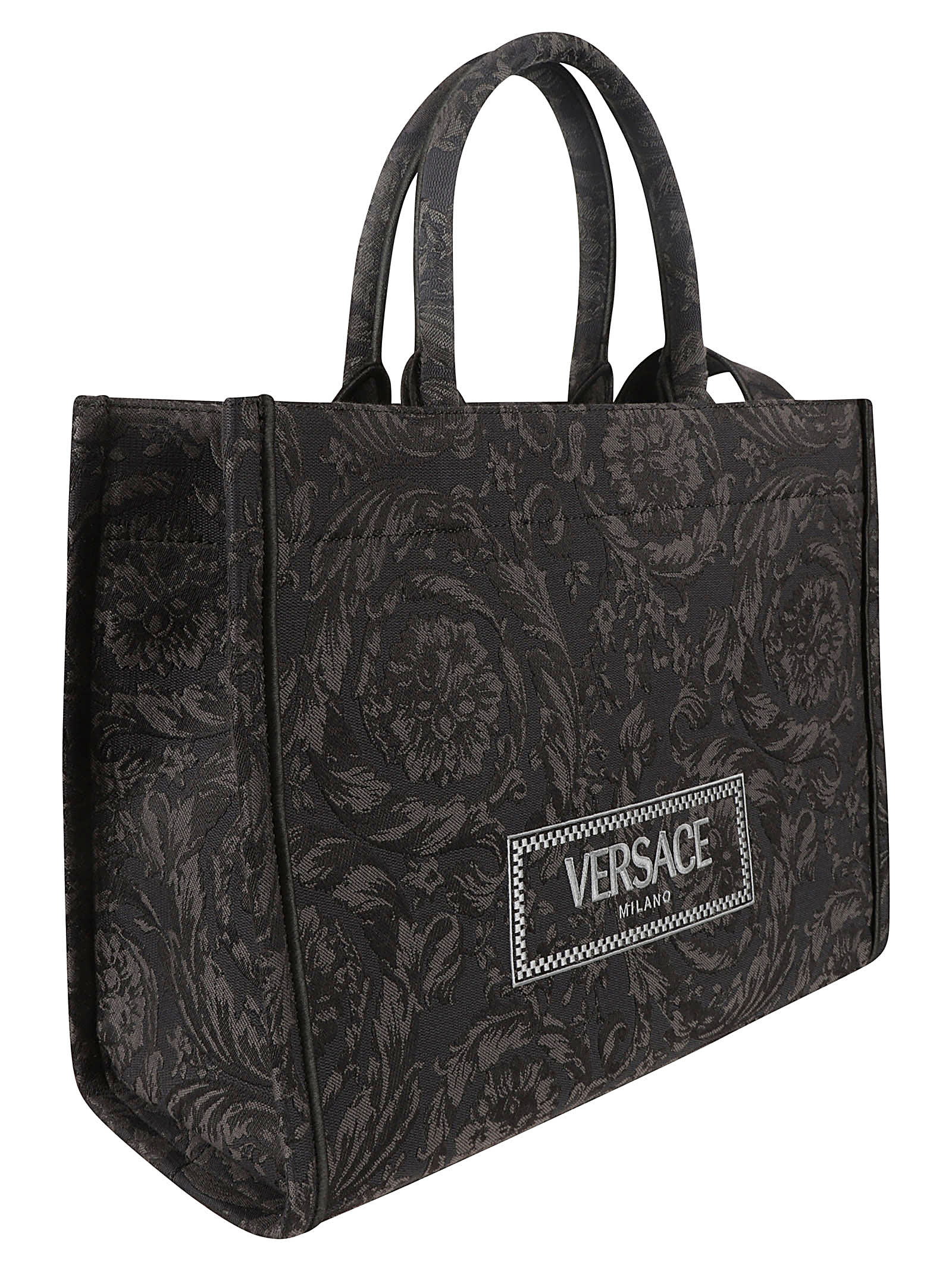 Shop Versace Large Jacquard Embroidered Tote In Black/ Gold