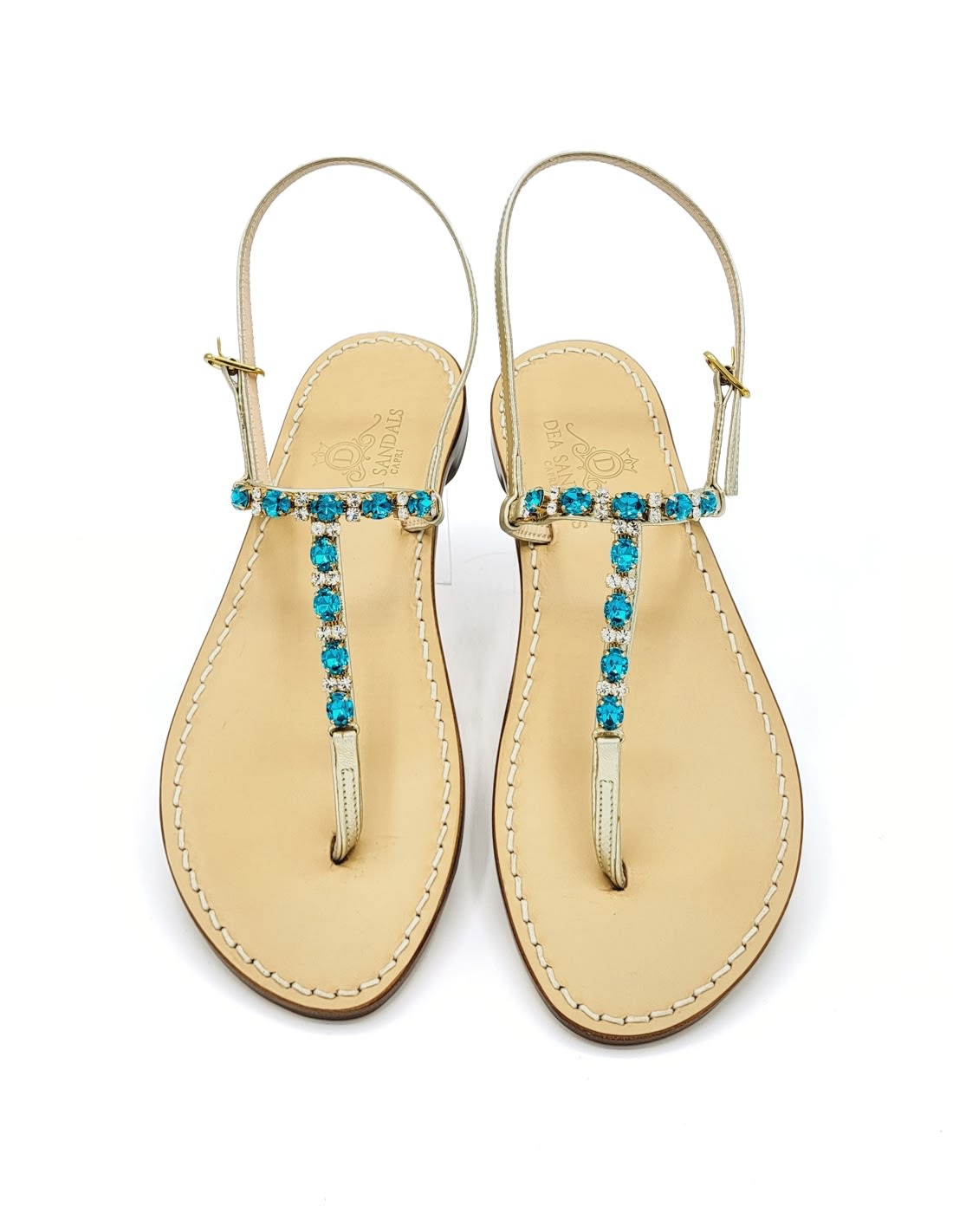Dea Sandals Sibilla Green Amber Jewel Sandals In Platinum Gold Laminated, Petrol, Amber