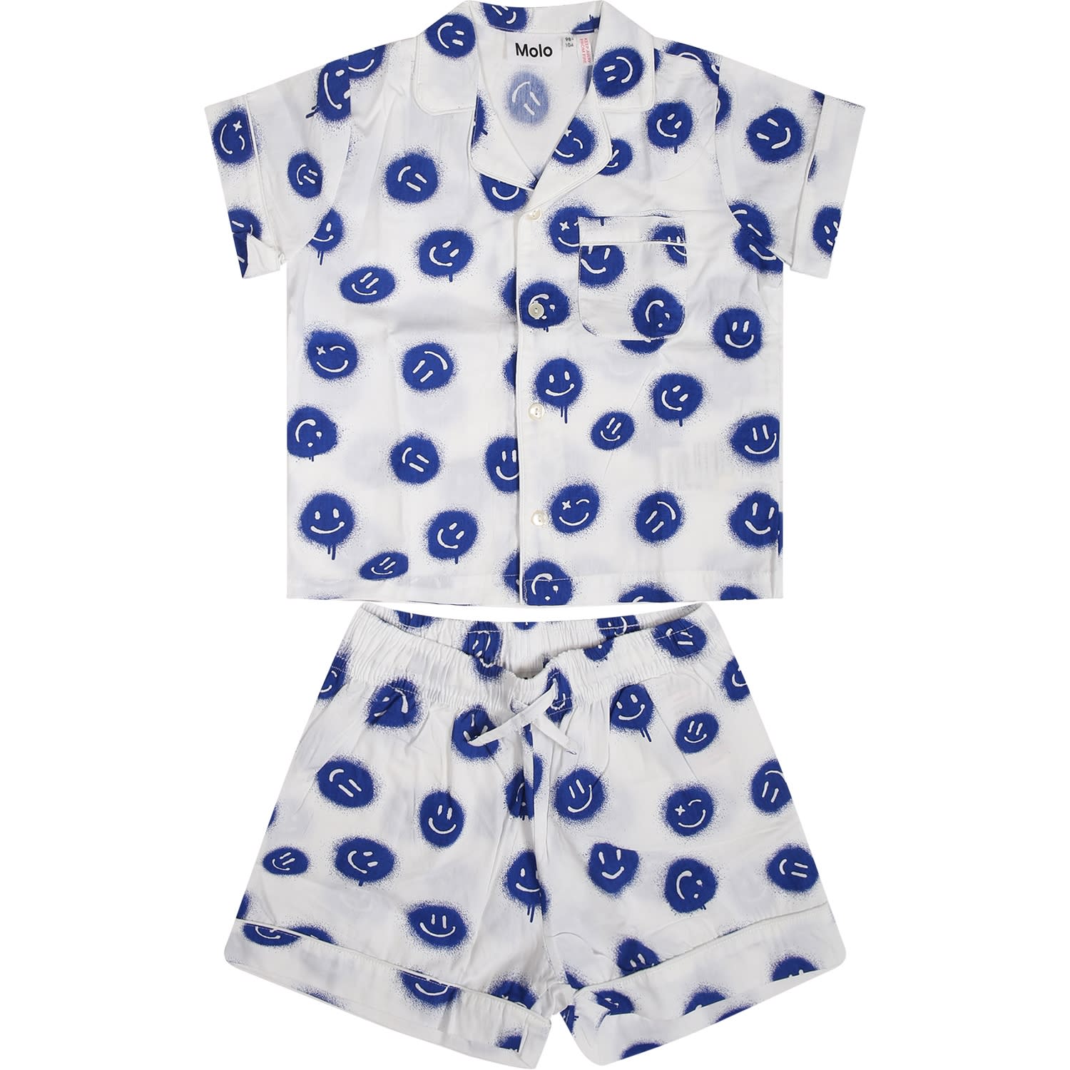 Molo White Pajamas For Kids With Smiley In Blue