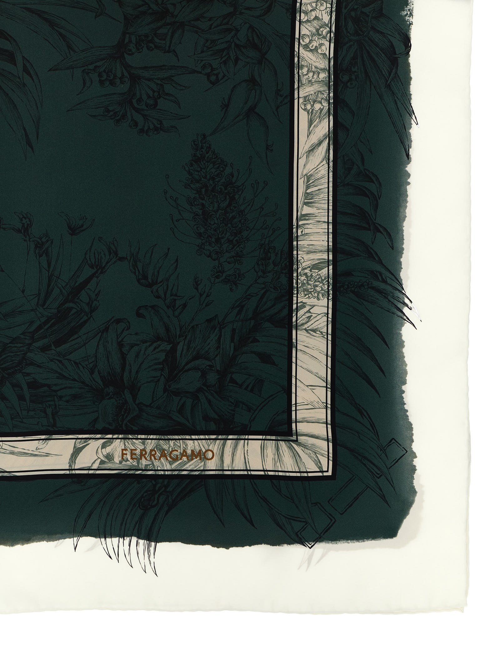 Ferragamo Lightweight Floral Print Square Scarf With Rolled Edges In Green