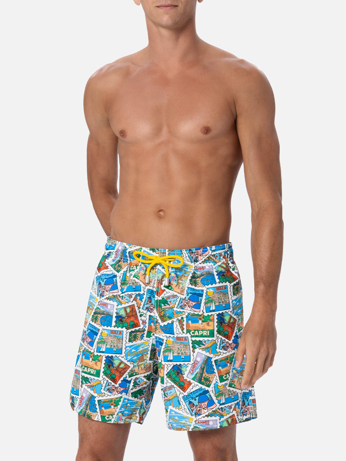 Shop Mc2 Saint Barth Man Mid-length Gustavia Swim-shorts With Postcard Mix Print Alessandro Enriquez Special Edition In White