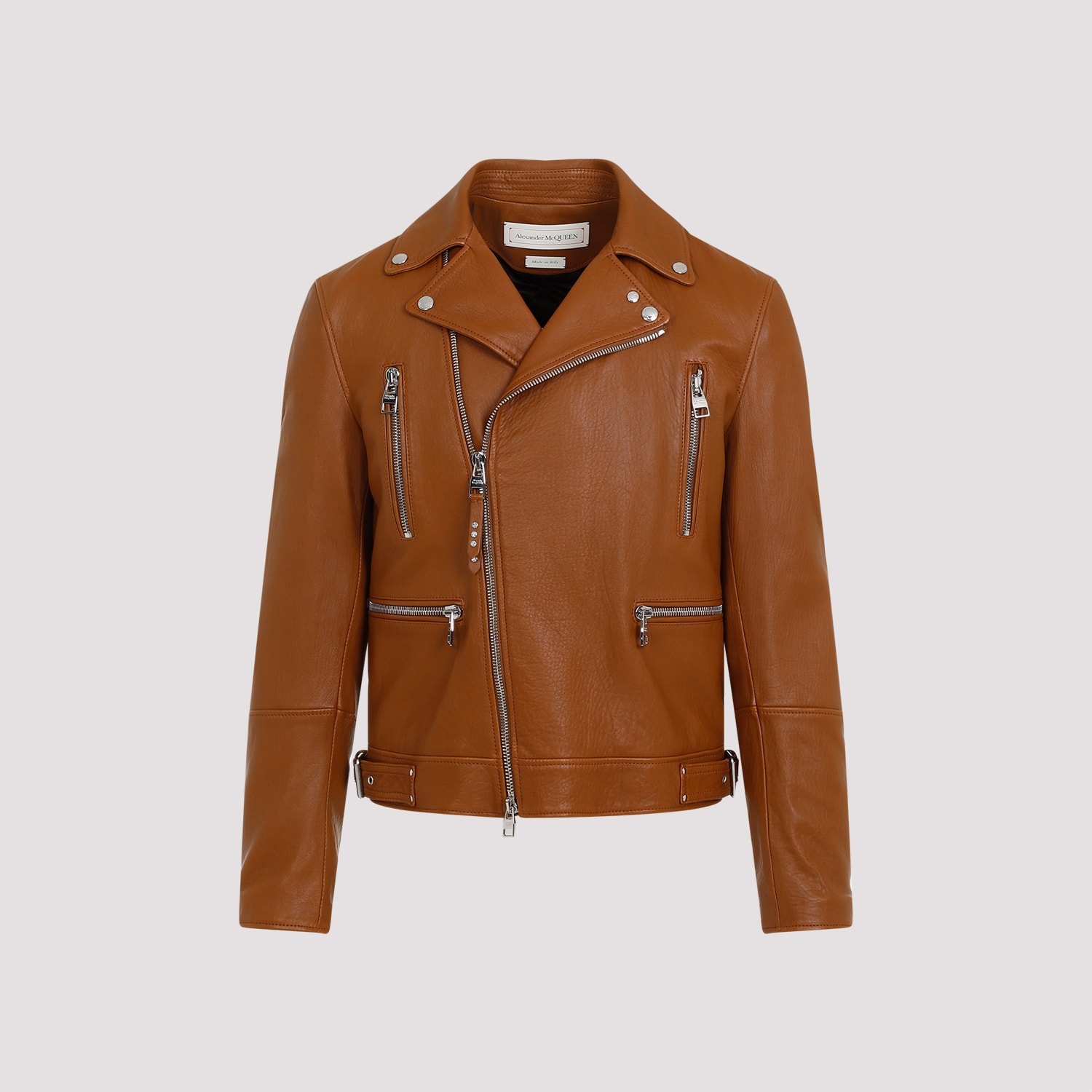 Shop Alexander Mcqueen Essential Leather Biker Jacket In Tobacco