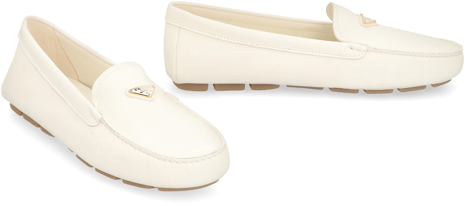 Shop Prada Logo Detail Leather Loafers In Ivory