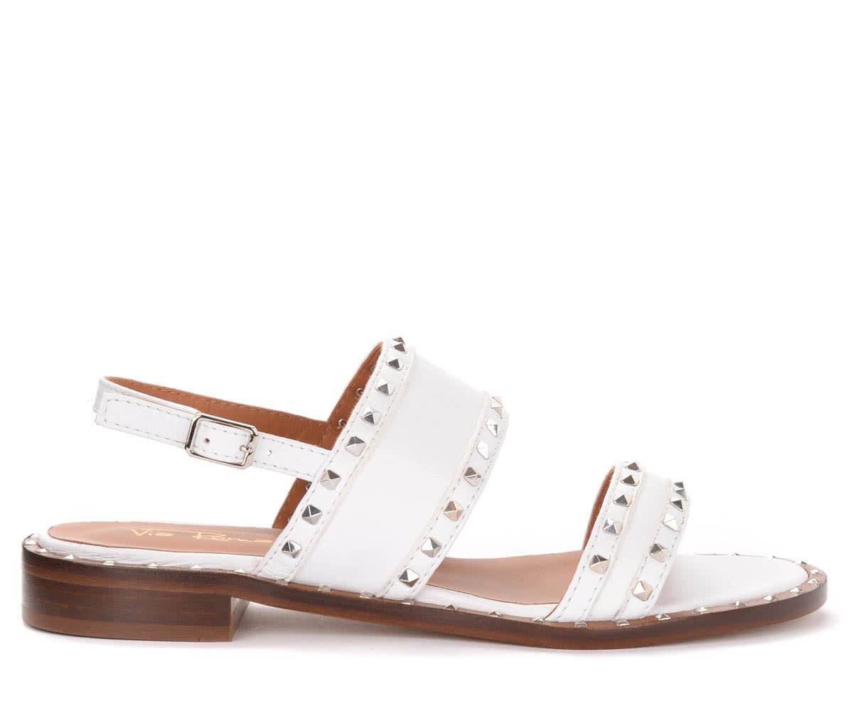Via Roma 15 Flat Sandals In White Leather With Double Band