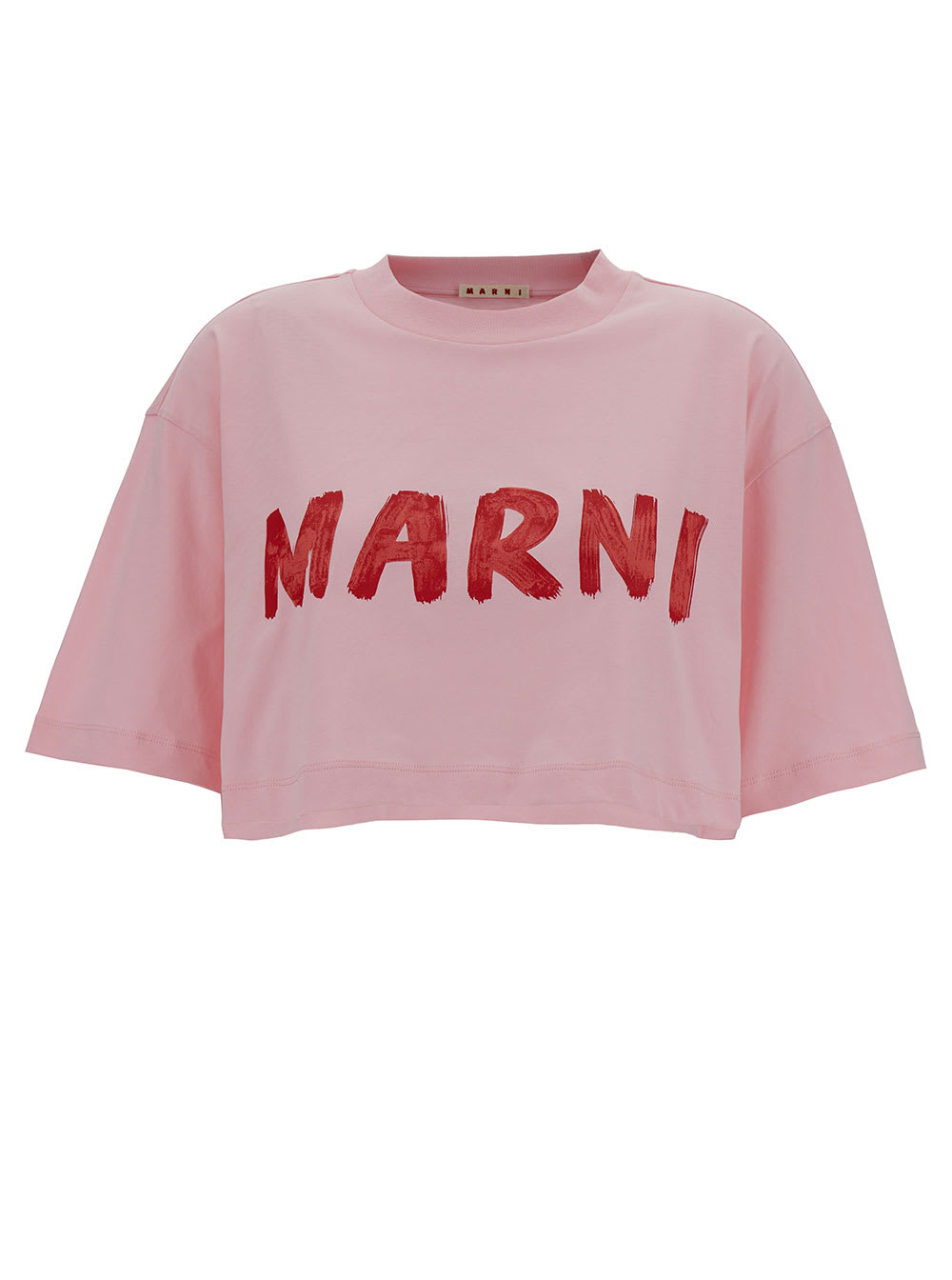 MARNI PINK CROPPED T-SHIRT WITH LOGO PRINT IN COTTON WOMAN