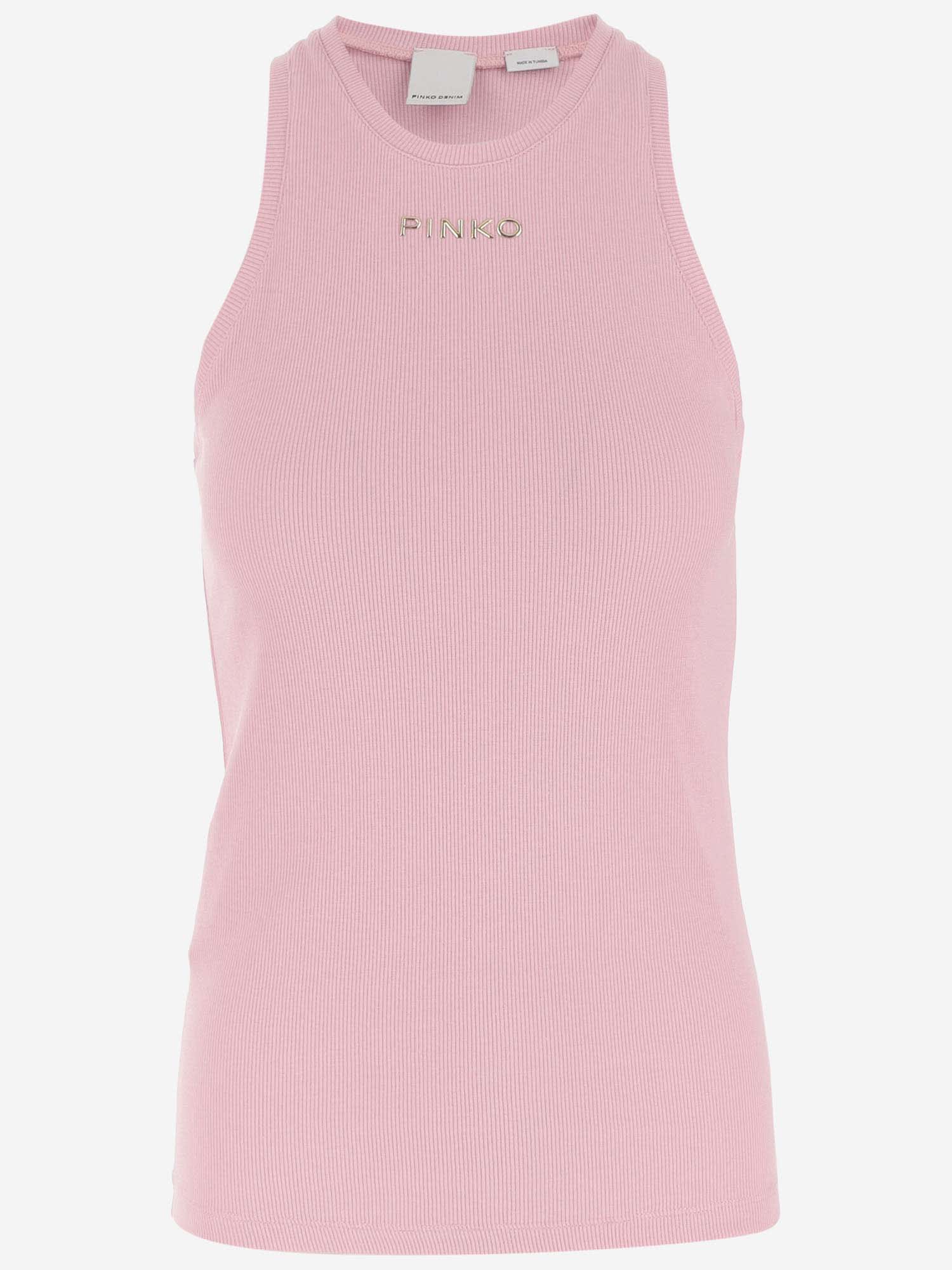 Shop Pinko Stretch Cotton Tank Top With Logo In Fumo Orchidea