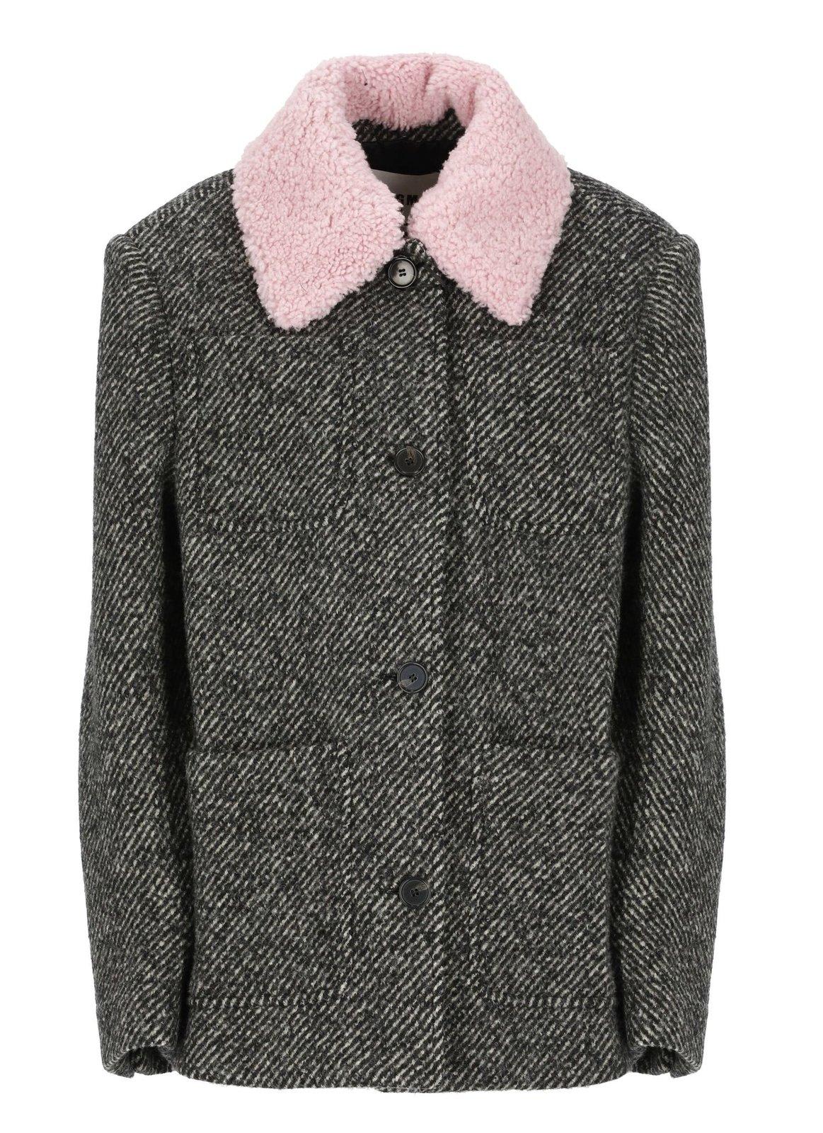 Shop Msgm Fur Collar Buttoned Jacket In Grey Melange