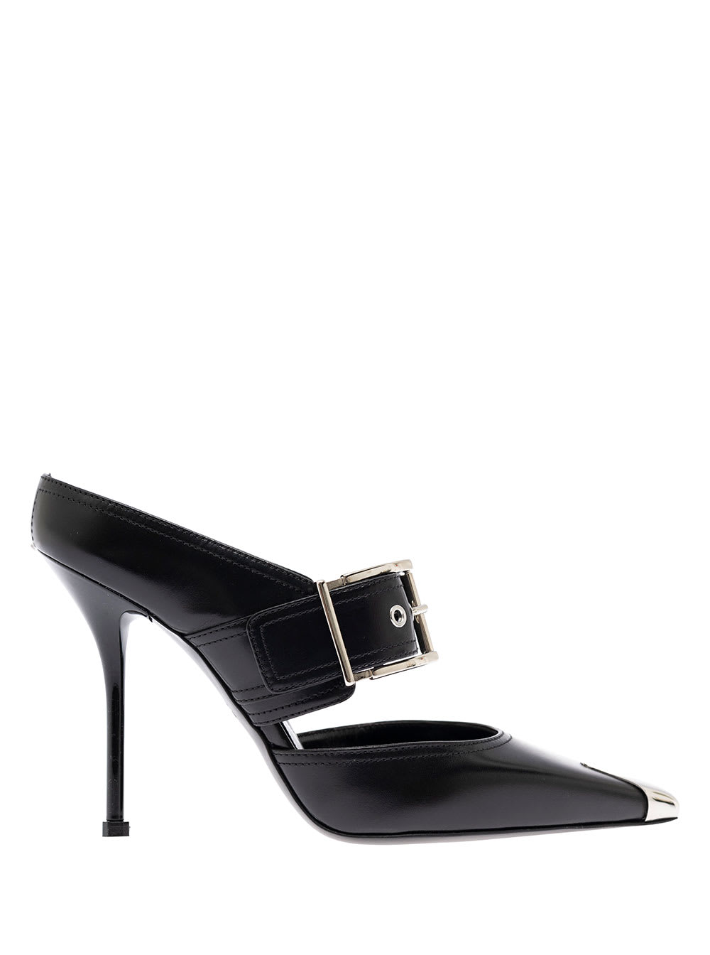 Alexander Mcqueen Womans Black Patent Leather Mules With Metal Toe And Buckle