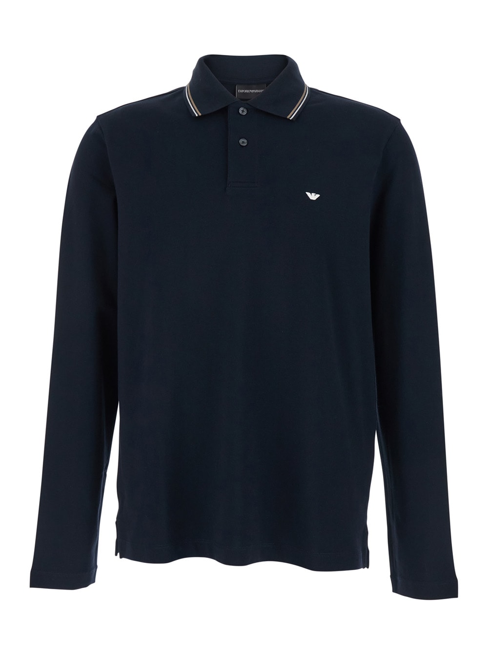 Emporio Armani Blue Long-sleeved Polo Shirt With Logo On The Front In Cotton Man