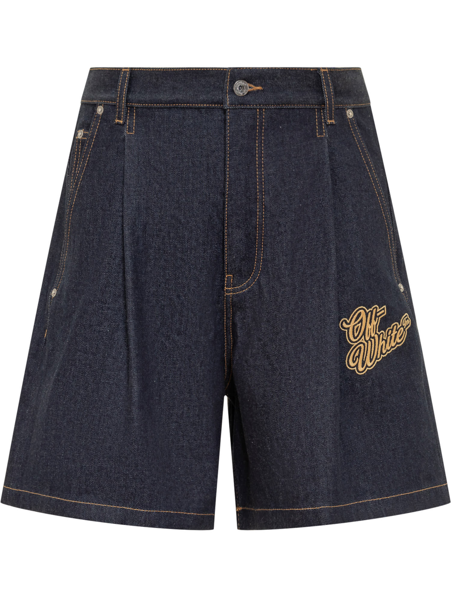 Shop Off-white Denim Shorts With Logo In Raw Blue Gold