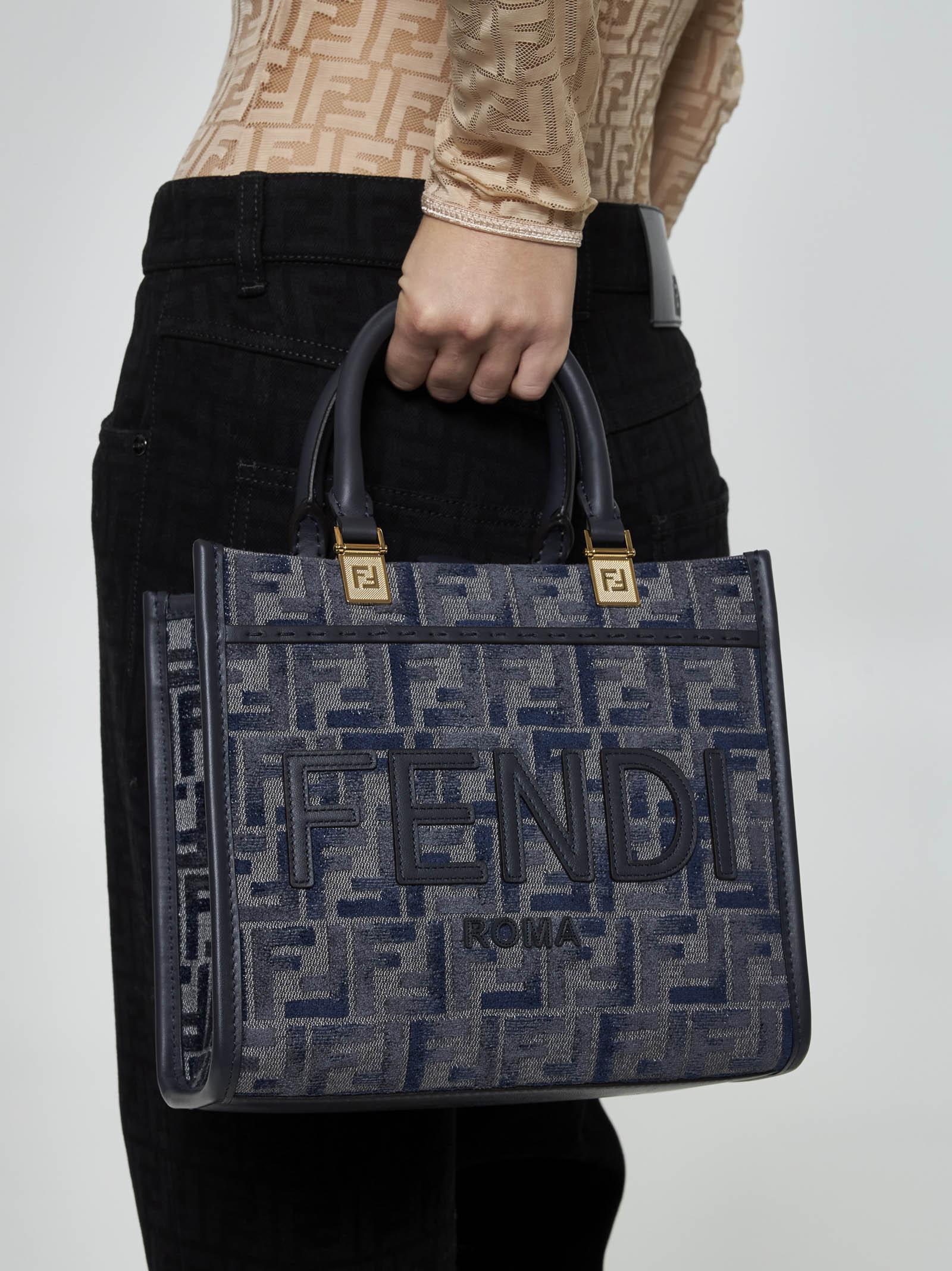 Shop Fendi Sunshine Ff Fabric Small Tote Bag In Pqk Blu Grigio