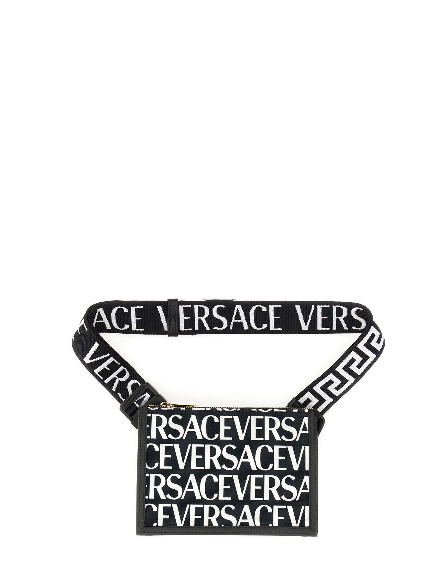 Versace Pouch With All-over Logo In Nero