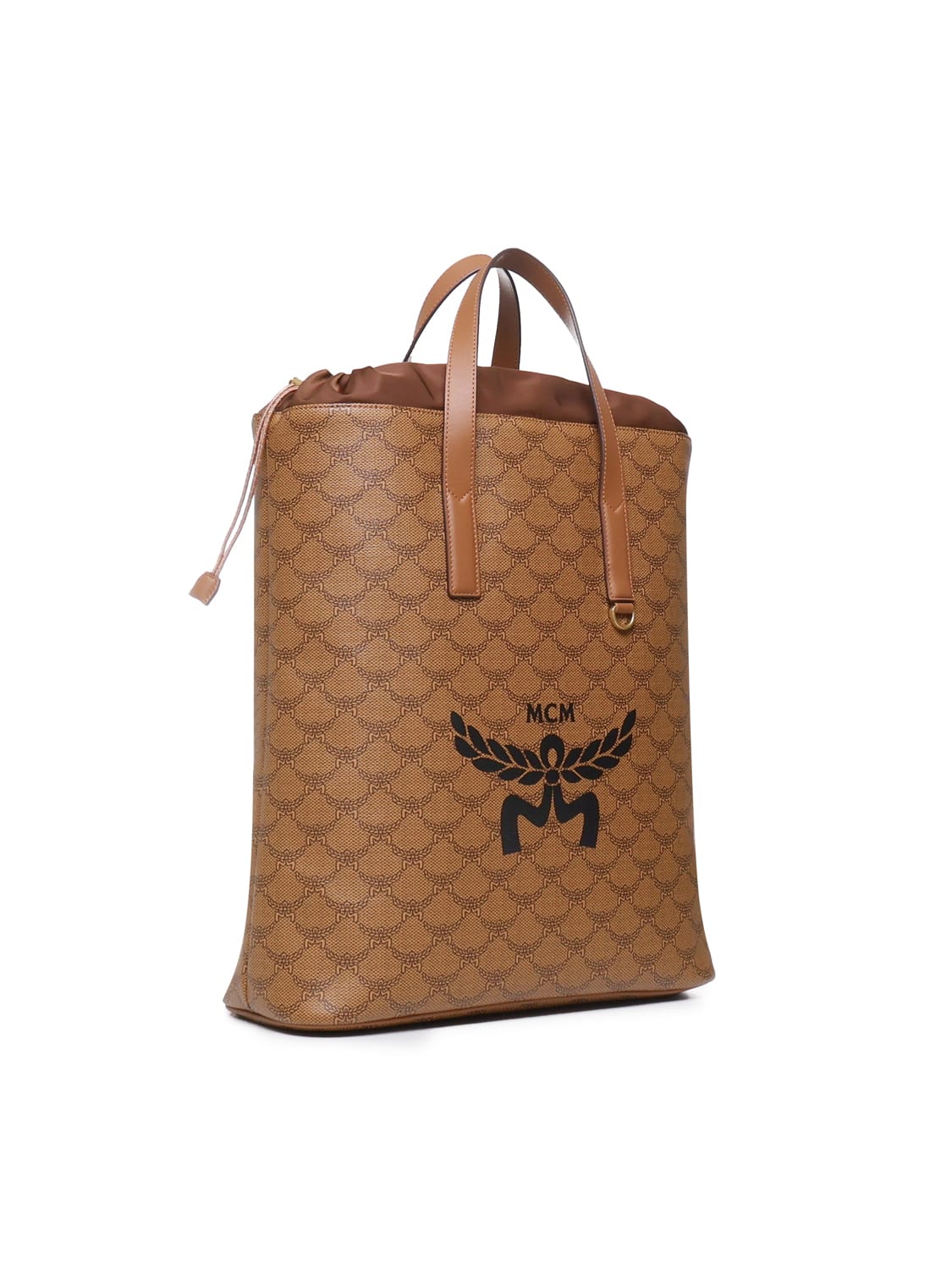 Shop Mcm Himmel Lauretos Backpack With Drawstring Closure And Natural Nappa Leather Finishes In Brown