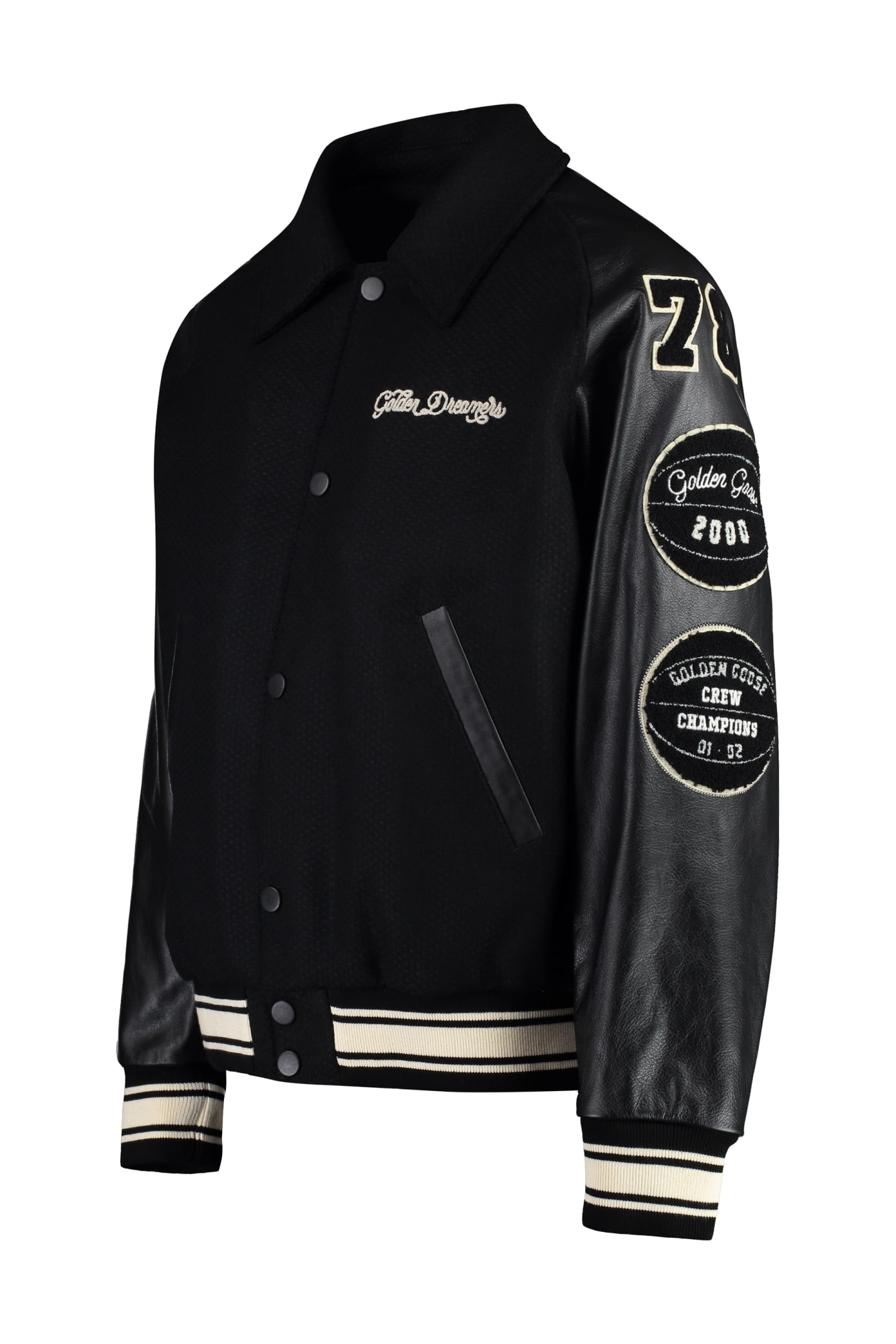 Golden Goose Black Bomber Jacket With Leather Inserts And Logo Patch In Wool Man In Black