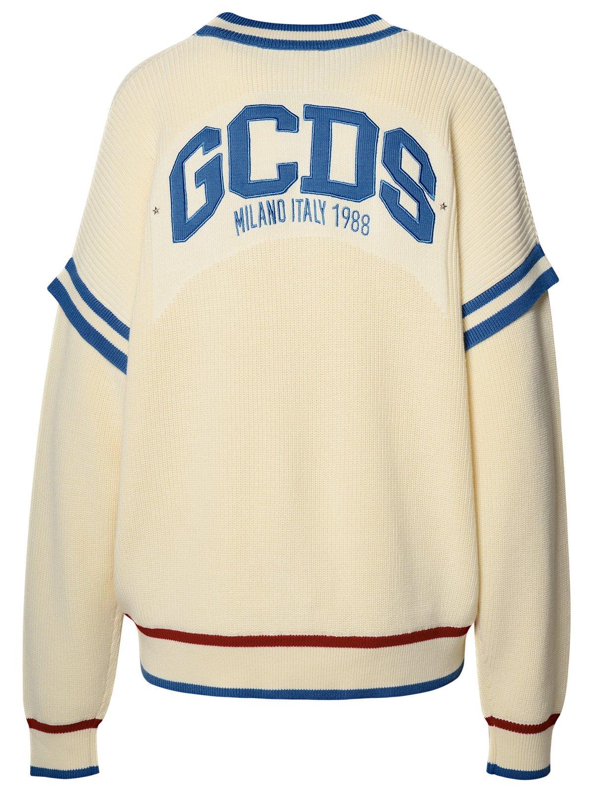 Shop Gcds Logo Embroidered Knitted Cardigan In White