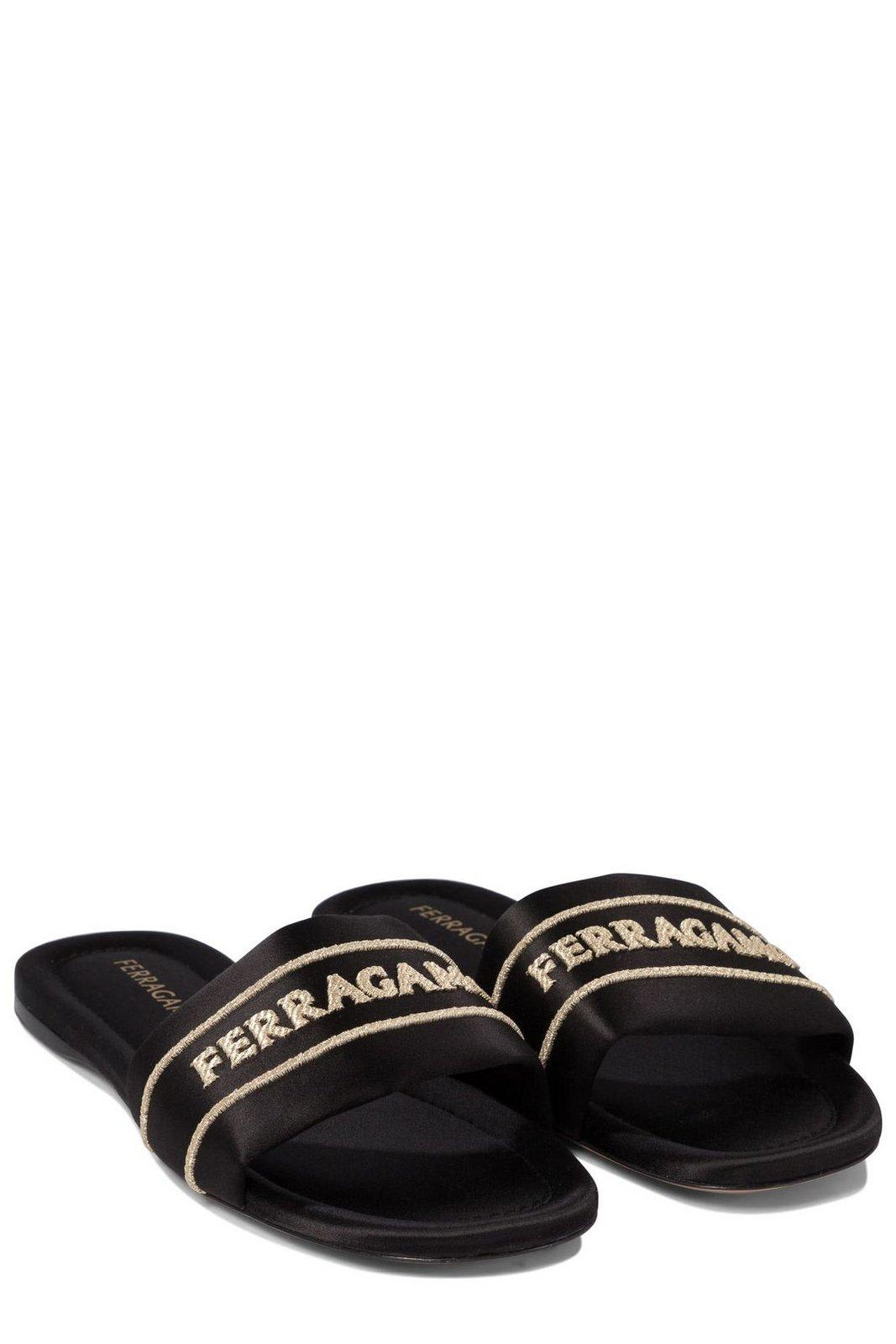 Ferragamo Open Toe Flat Sole Sandals In Black