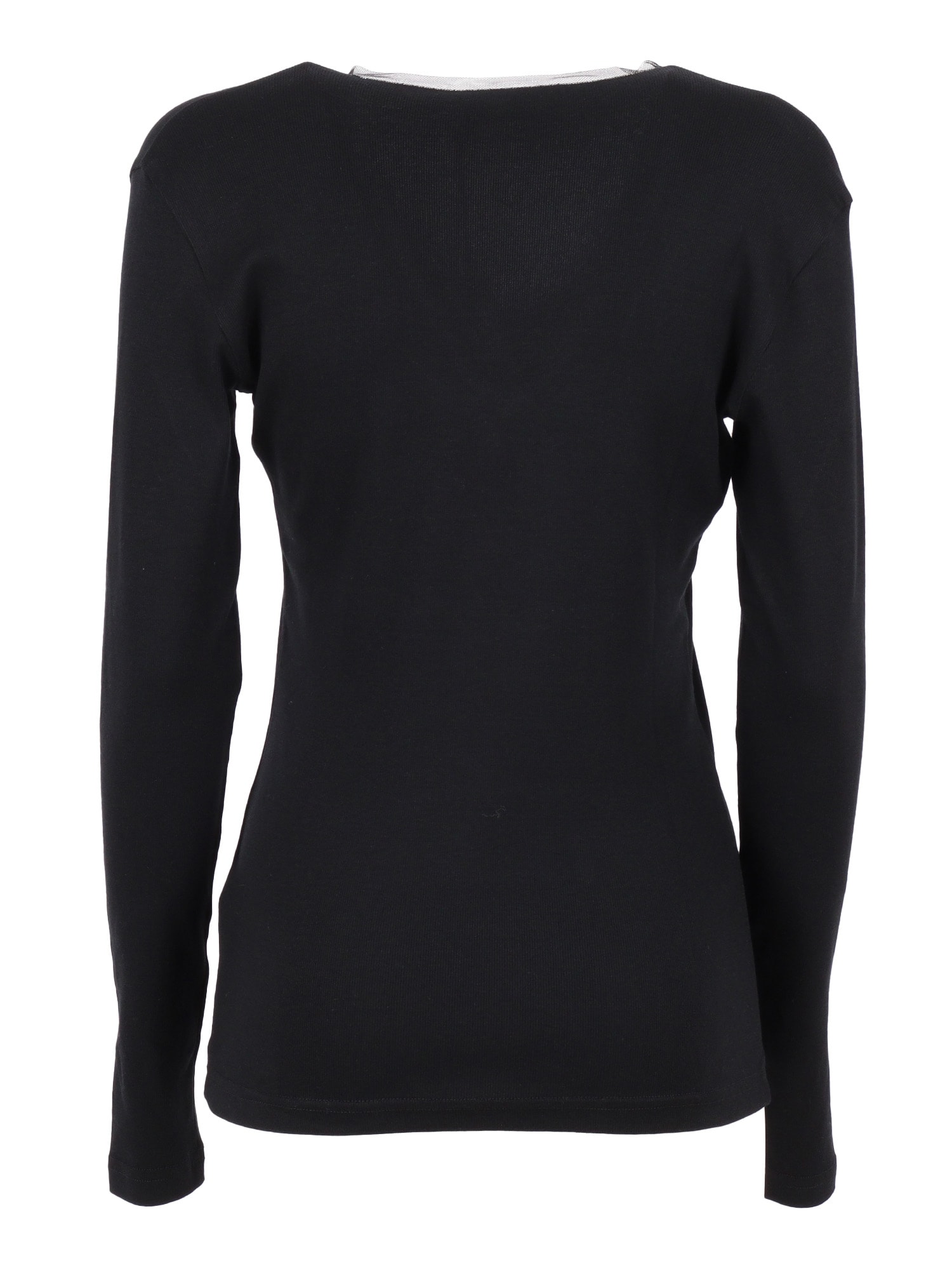 Fabiana Filippi Ribbed Cotton V Neck Long Sleeve T-shirt With Tulle Trim In Black