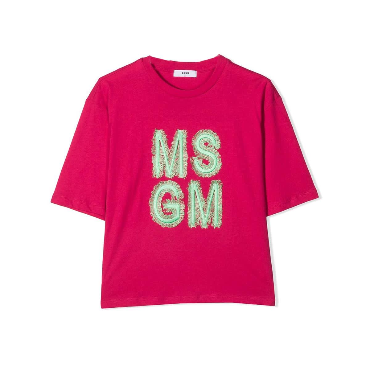 Msgm Kids T-shirt Rosso Con Logo Ricamato In Pink