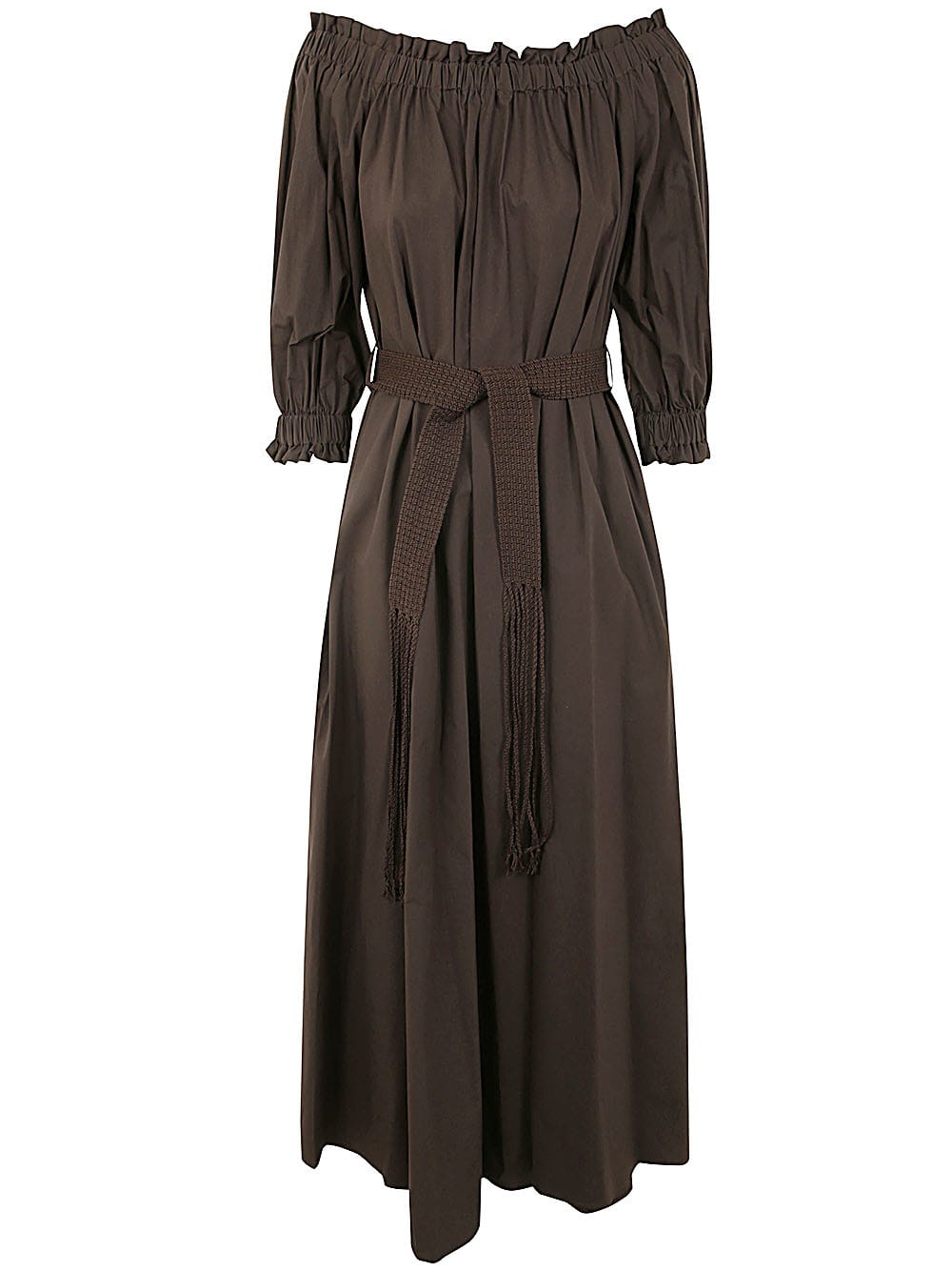 Shop P.a.r.o.s.h Off The Shoulder Long Dress In Dark Brown