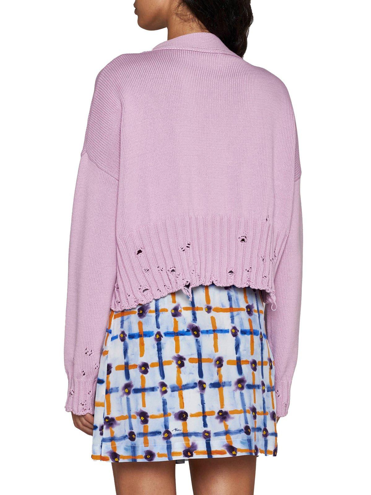 Shop Marni Distressed Cropped Knitted Cardigan In Pink