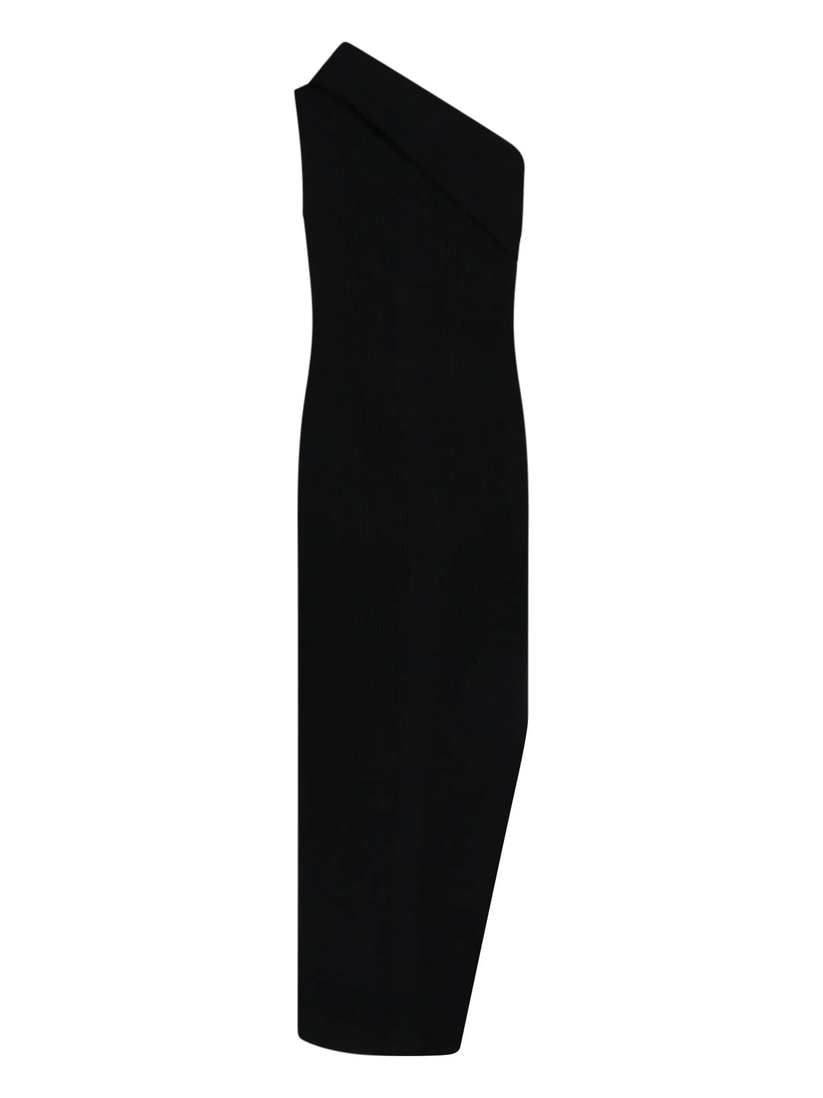 Rick Owens Athena Long Black Ribbed One Shoulder Dress In Wool In Black