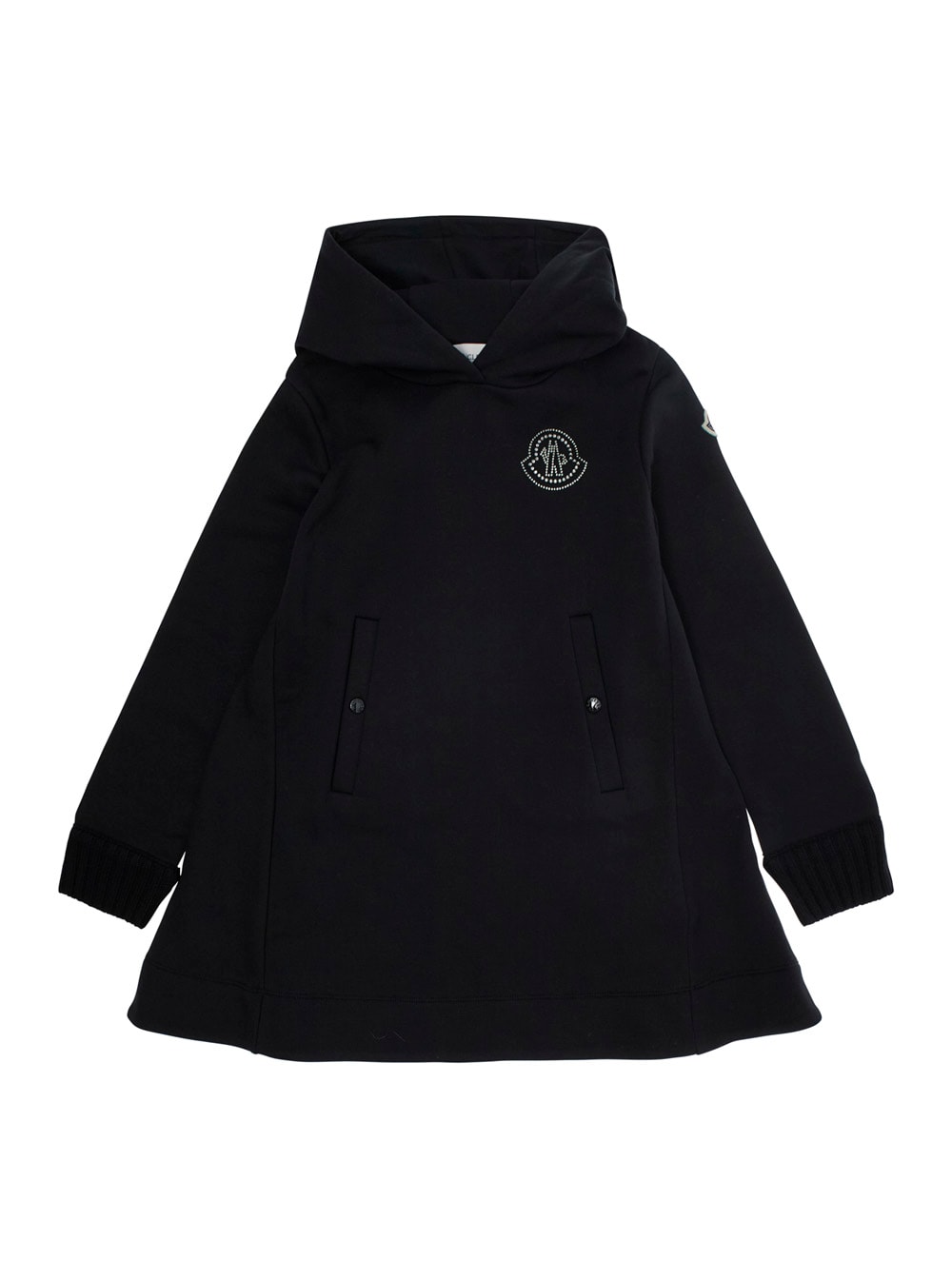 Moncler Black Dress With Patch Logo On The Sleeve In Cotton Girl In Black