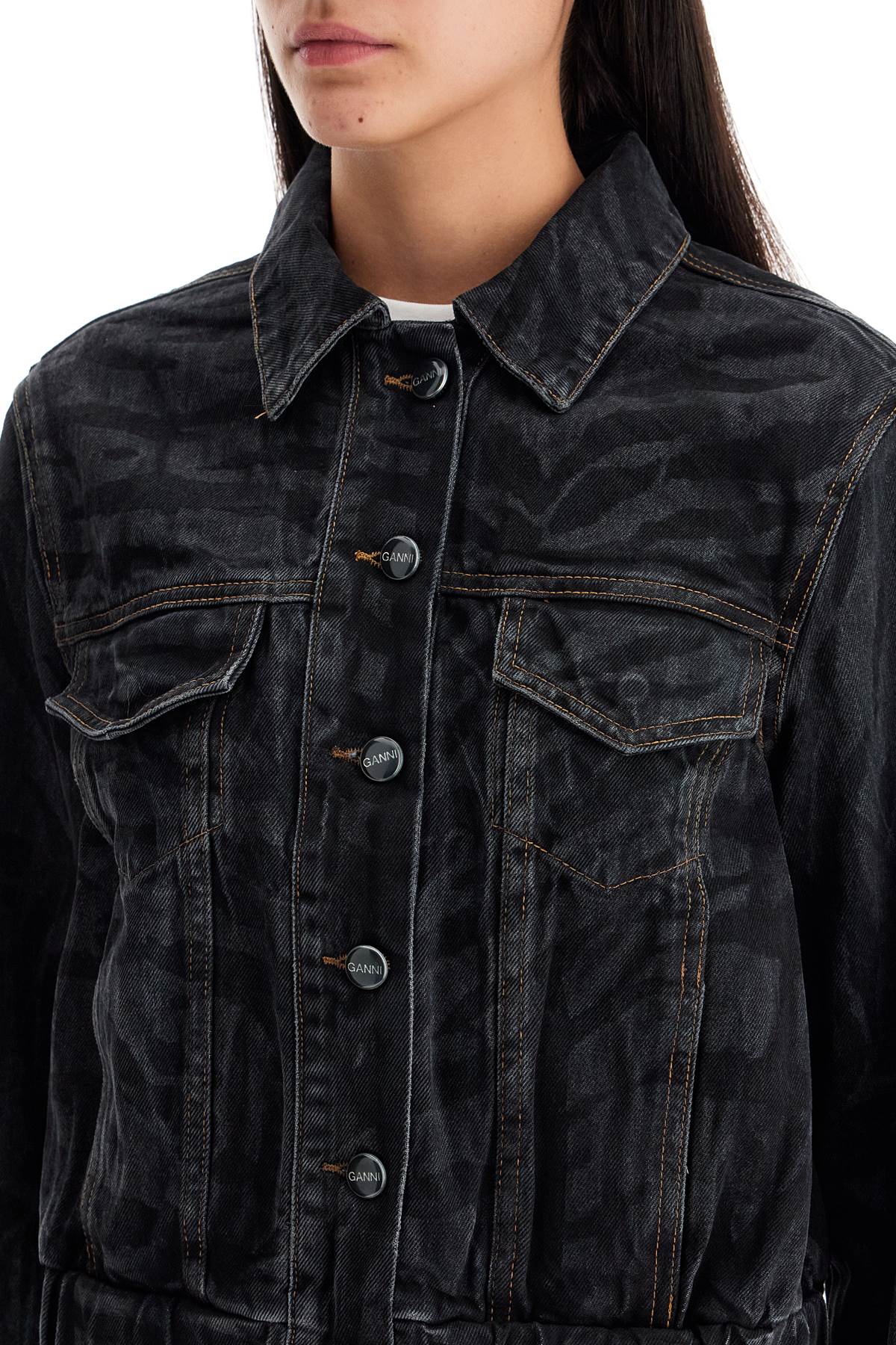 Shop Ganni Cut\n\nshort Denim Jacket With Laser-cut In Black (black)