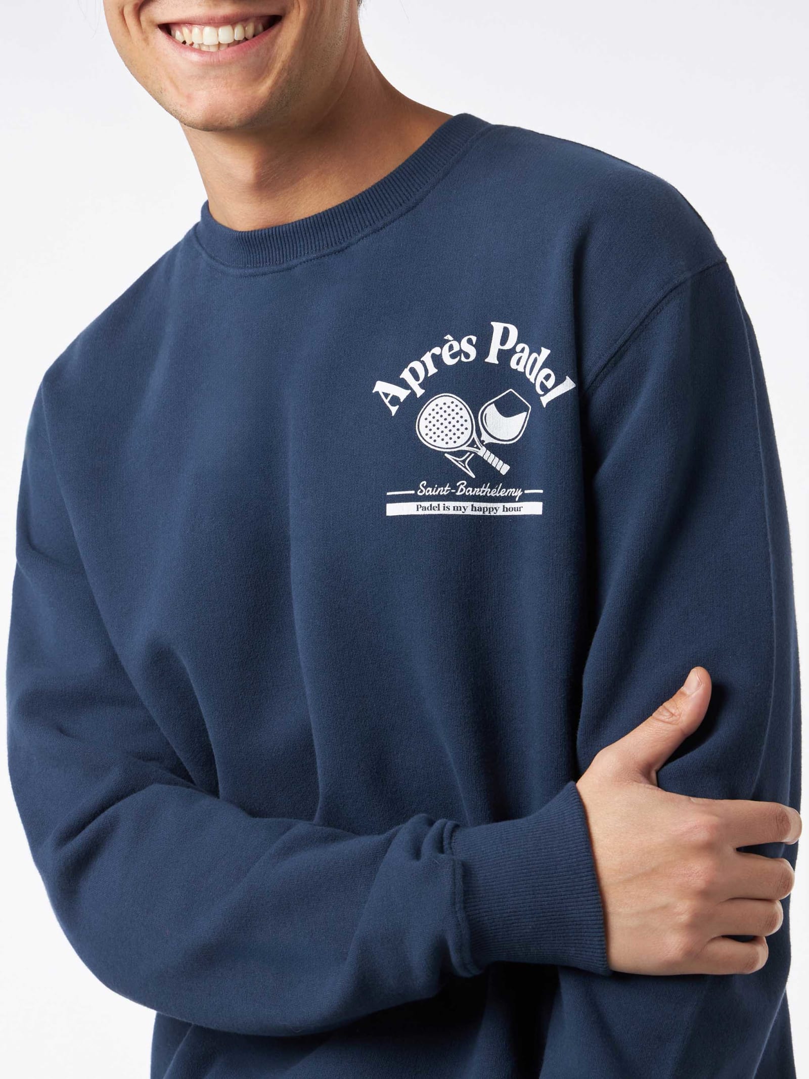 Shop Mc2 Saint Barth Man Crewneck Blue Sweatshirt With Après Padel Print