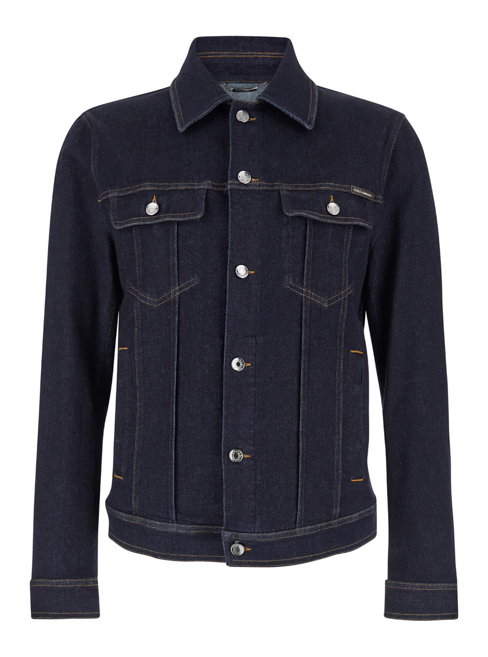 Shop Dolce & Gabbana Dark Blue Jacket With Classic Collar And Contrasting Stitching In Denim Stretch And Cashmere Man