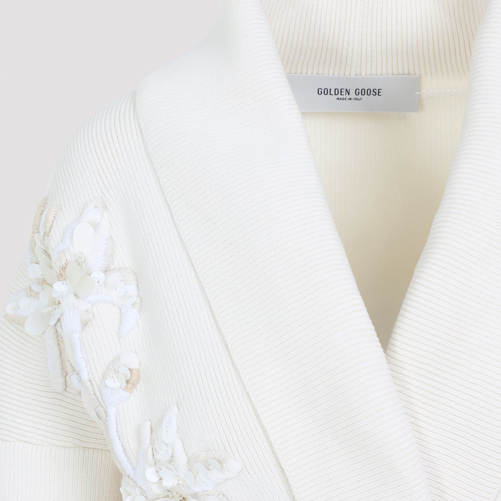 Golden Goose Shawl Collar Cardigan With Floral Embroidery And Self-tie Belt In Neutral