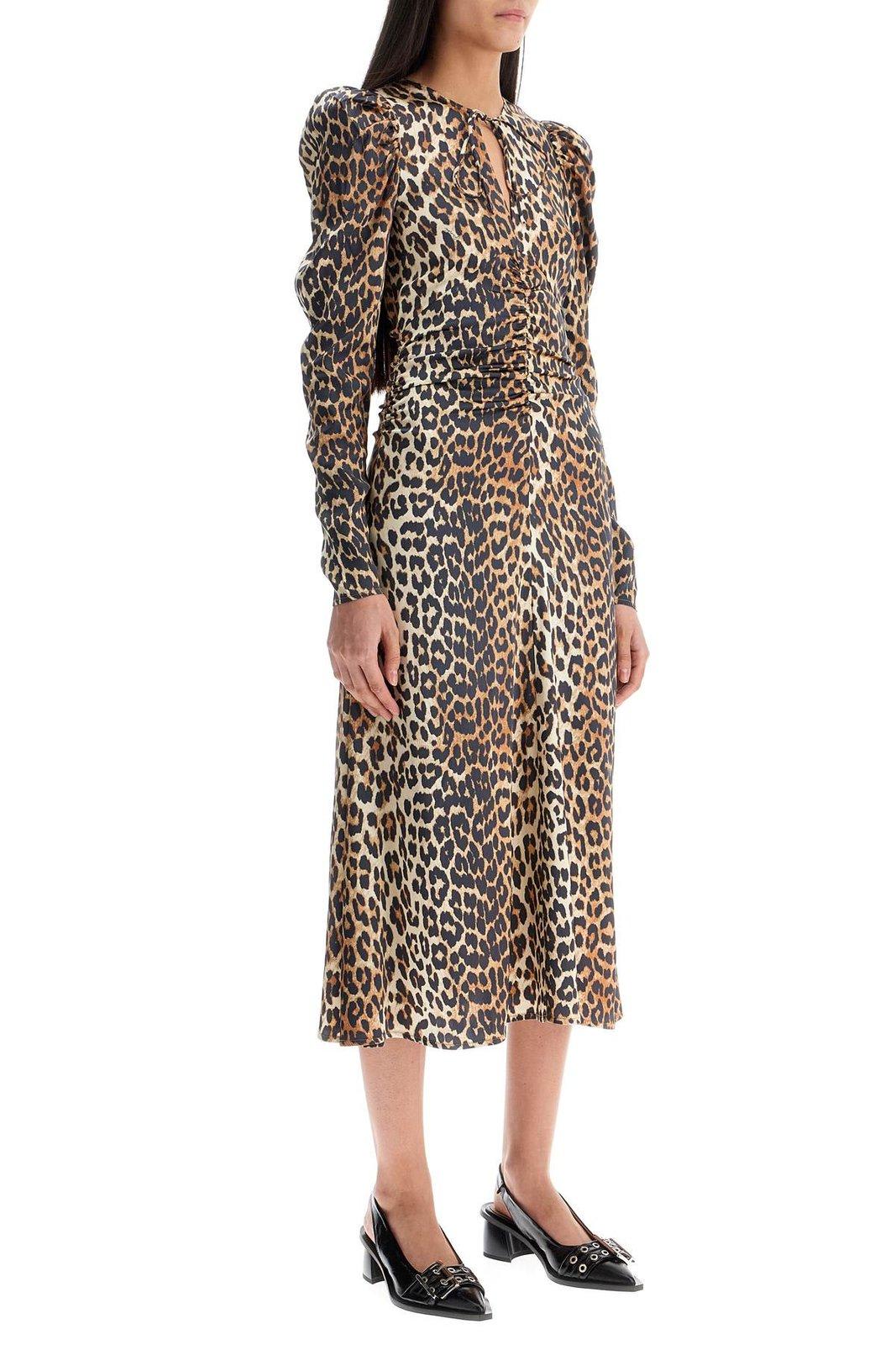 Ganni Leopard Print Midi Dress In Brown