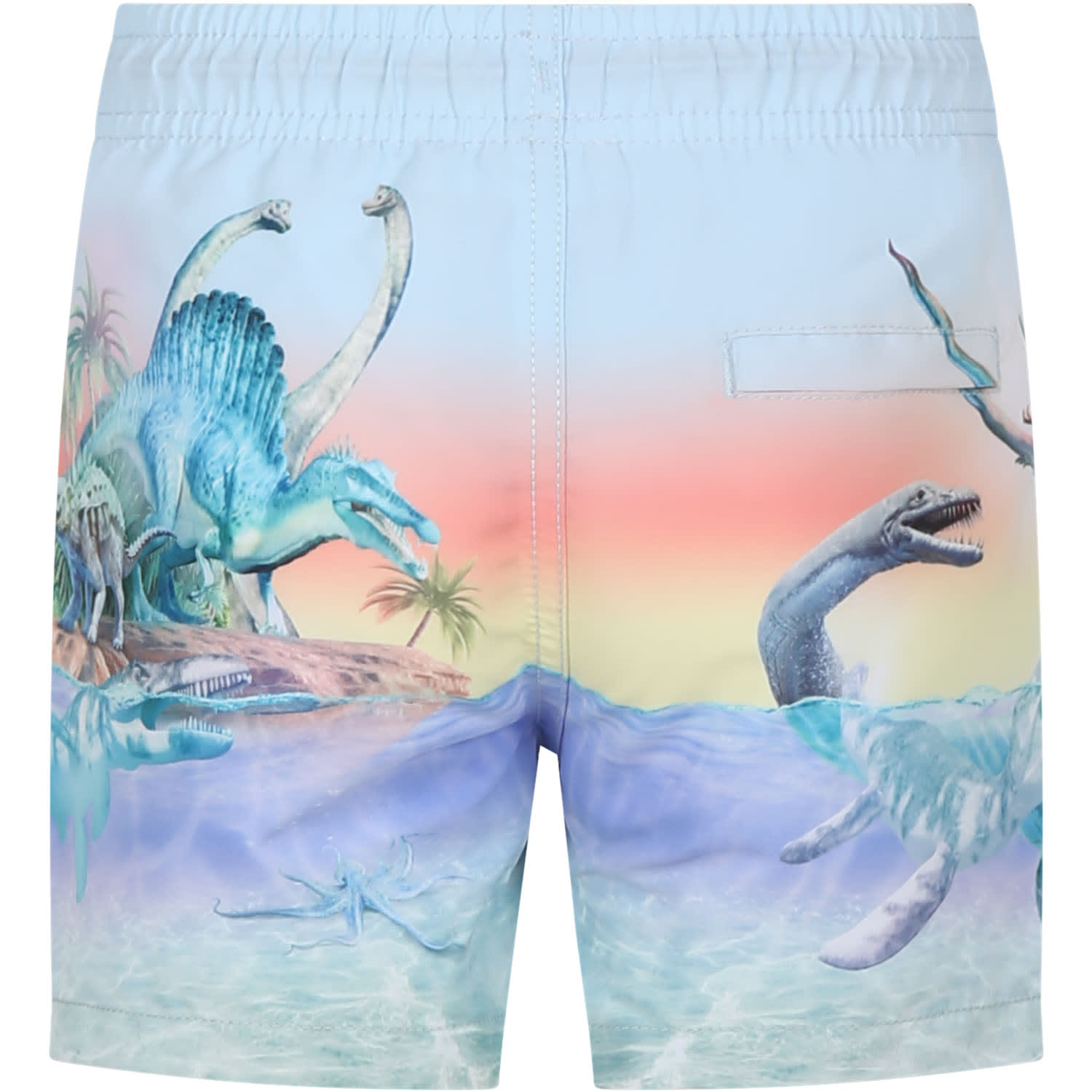 Shop Molo Light Blue Swim Shorts For Boy With Dinosaur Print In Multicolor