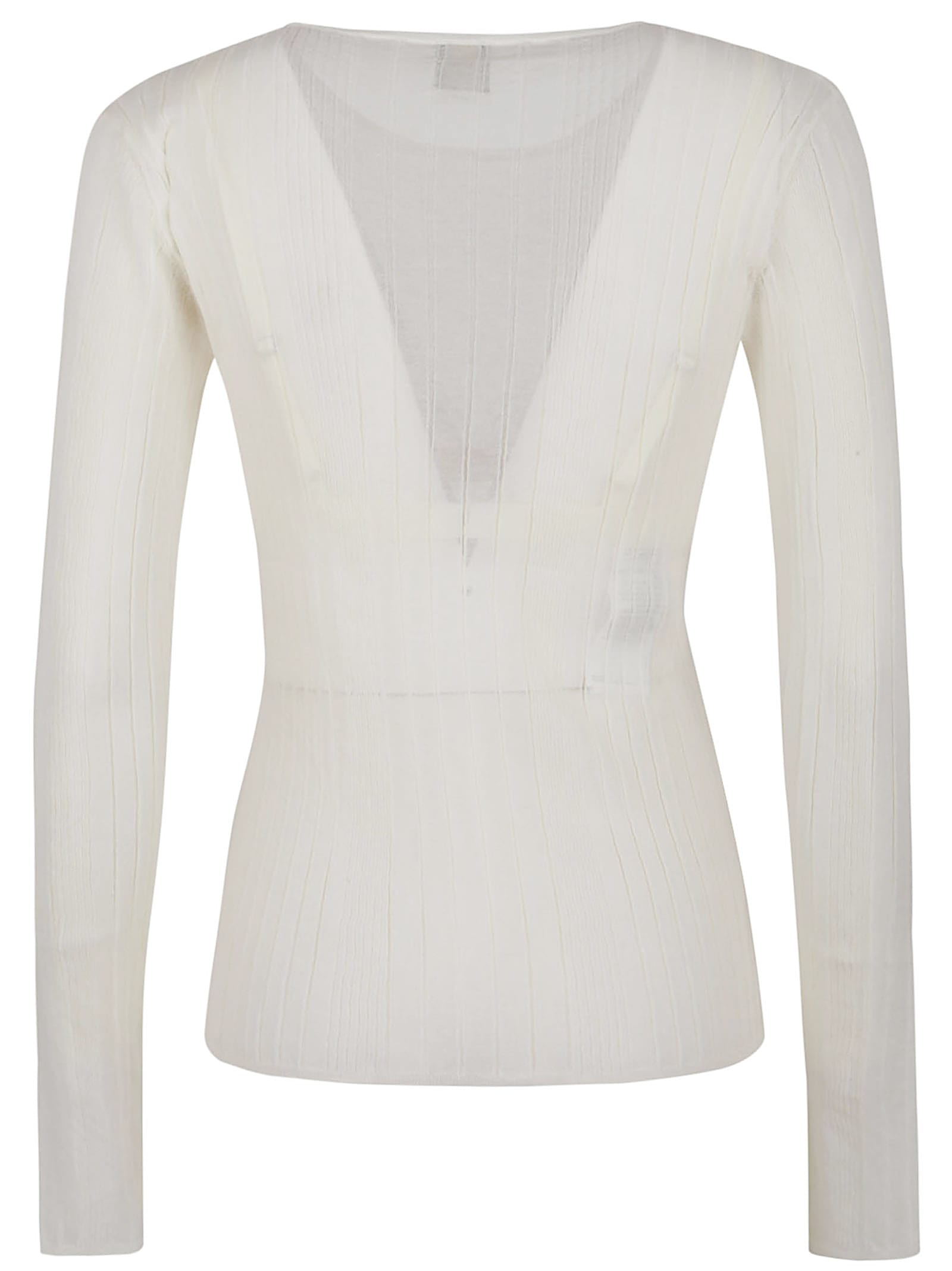 Pinko Long-sleeved Top With Deep V-neckline And Ribbed Texture In Bianco Off White
