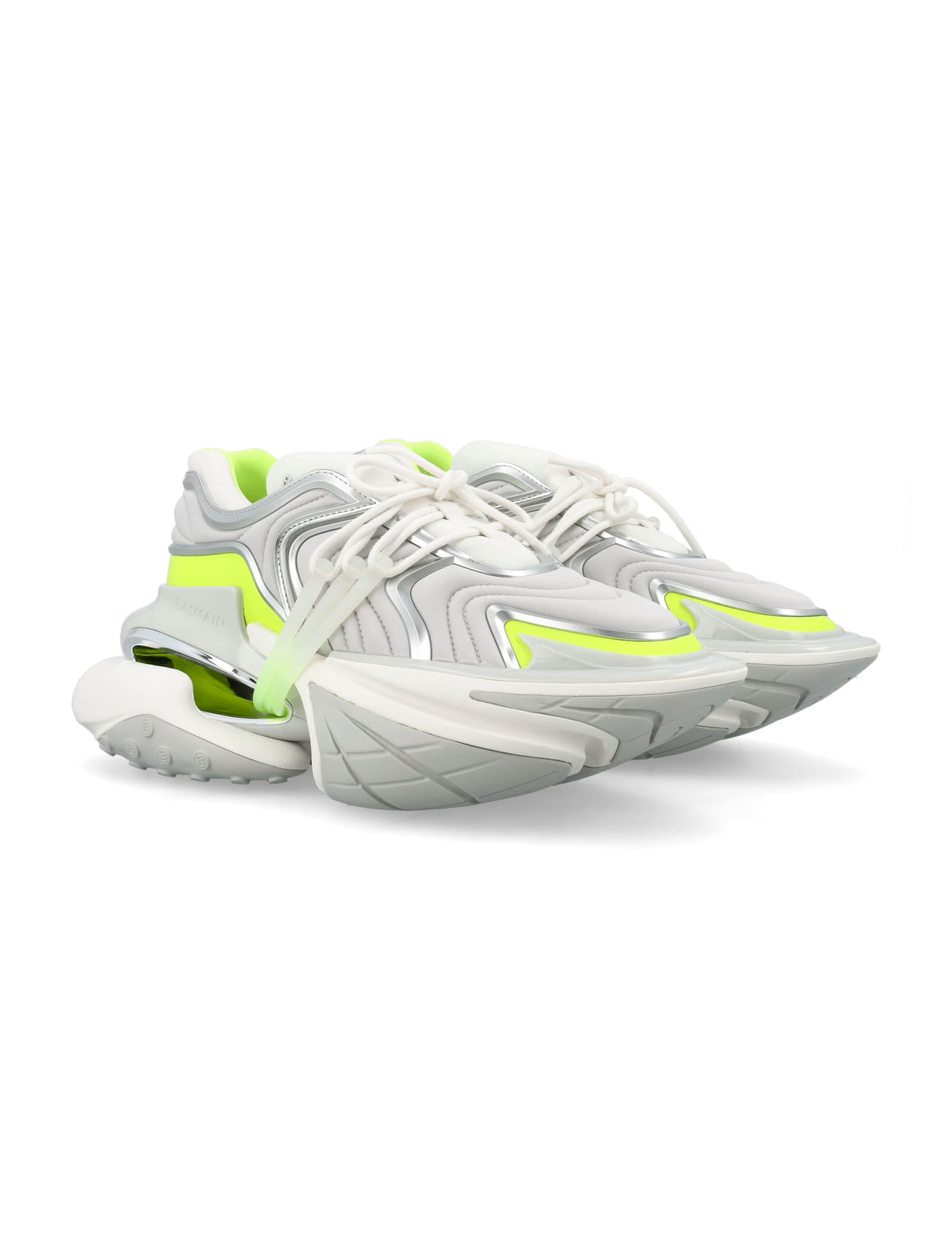 Balmain 'unicorn' White Low Top Sneakers In Grey Fluo Green