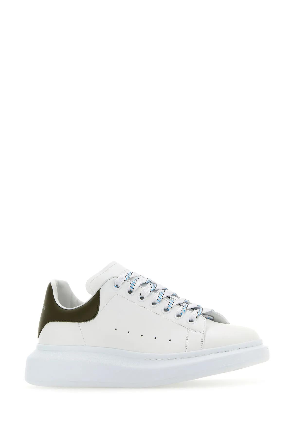 Shop Alexander Mcqueen White Leather Sneakers With Army Green Leather Heel