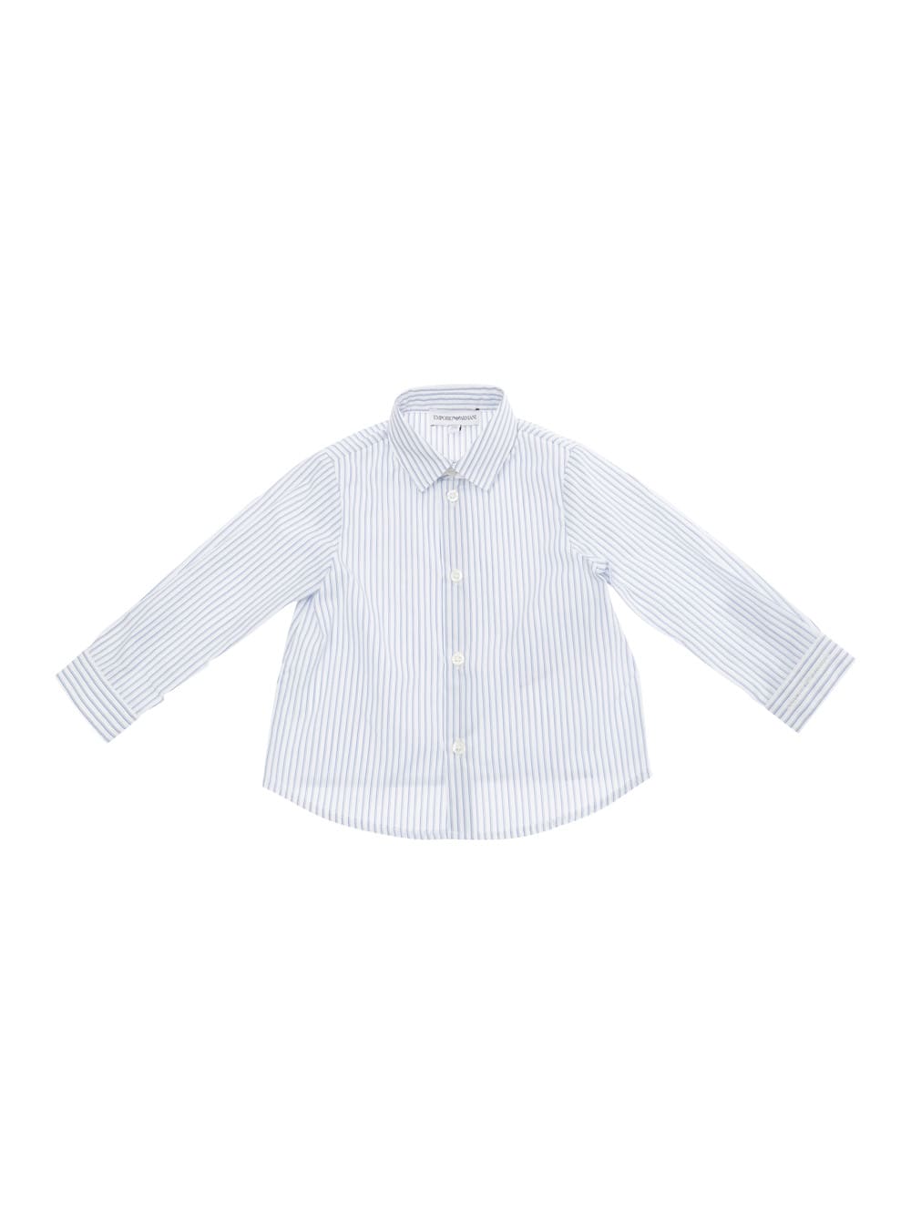 Shop Emporio Armani Light Blue Shirt With All-over Strpied Motif And Logo Lettering Embroidery On The Cuff In Cotton Bab