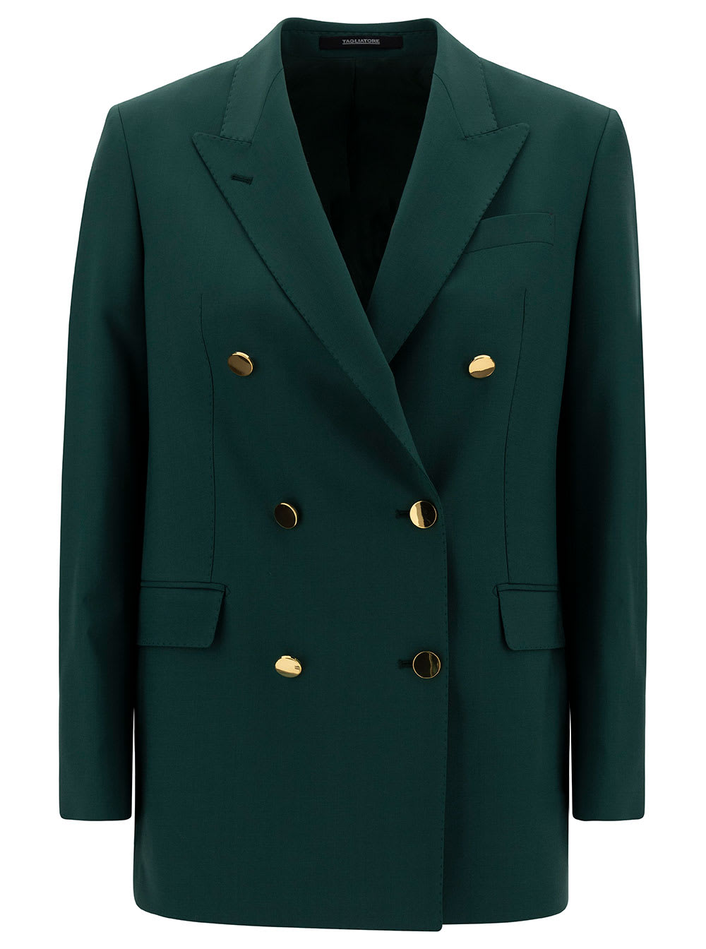 jasmine Green Double-breasted Jacket With Golden Buttons In Stretch Wool Blend Woman